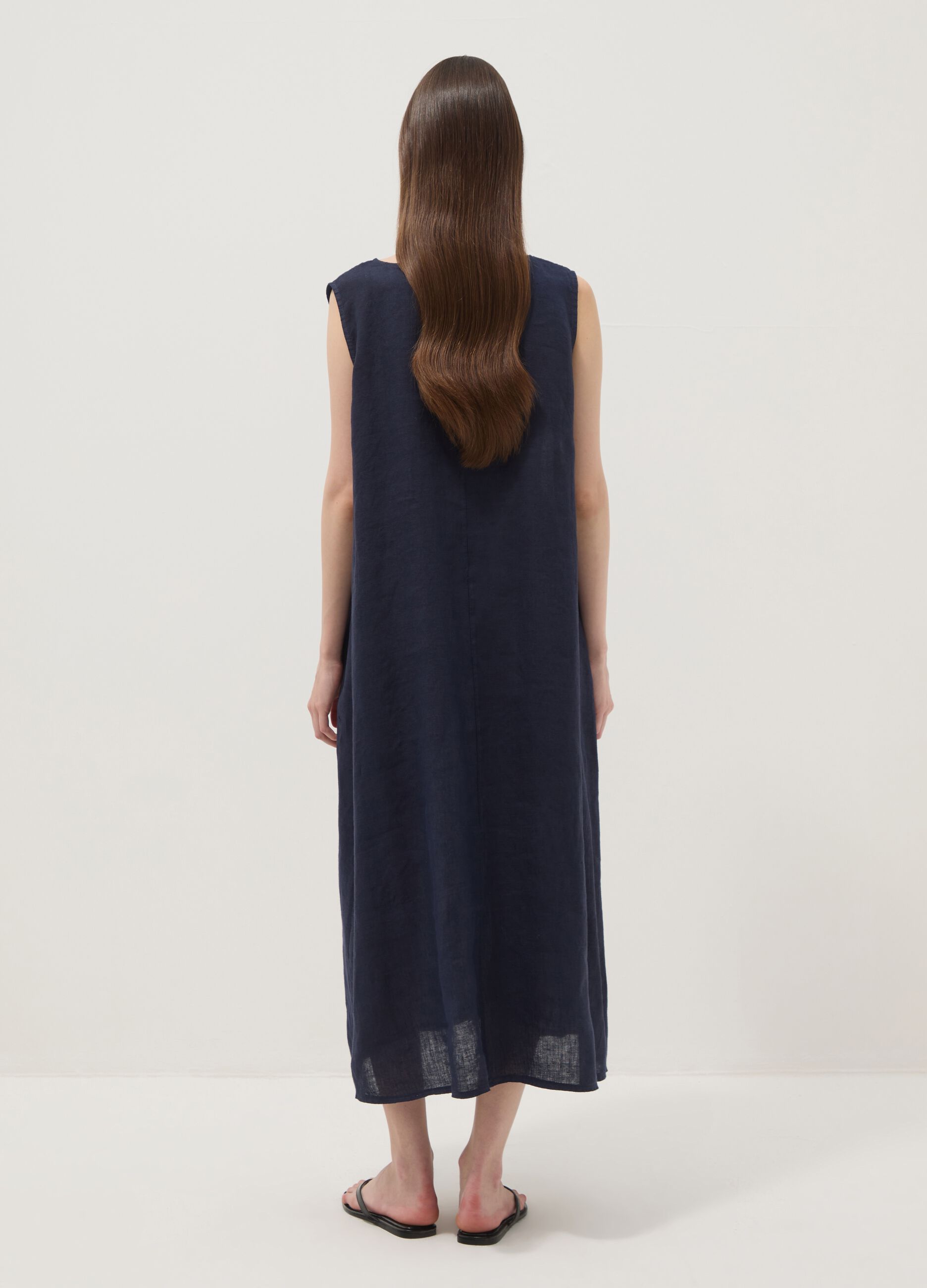 Long blue pure linen dress, regular fit