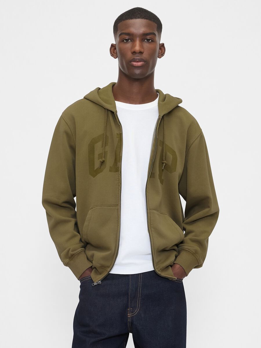 Green cotton blend zip-up hoodie_0