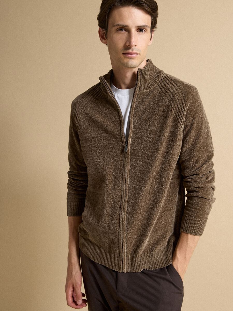Cardigan beige full zip con colletto regular fit_0