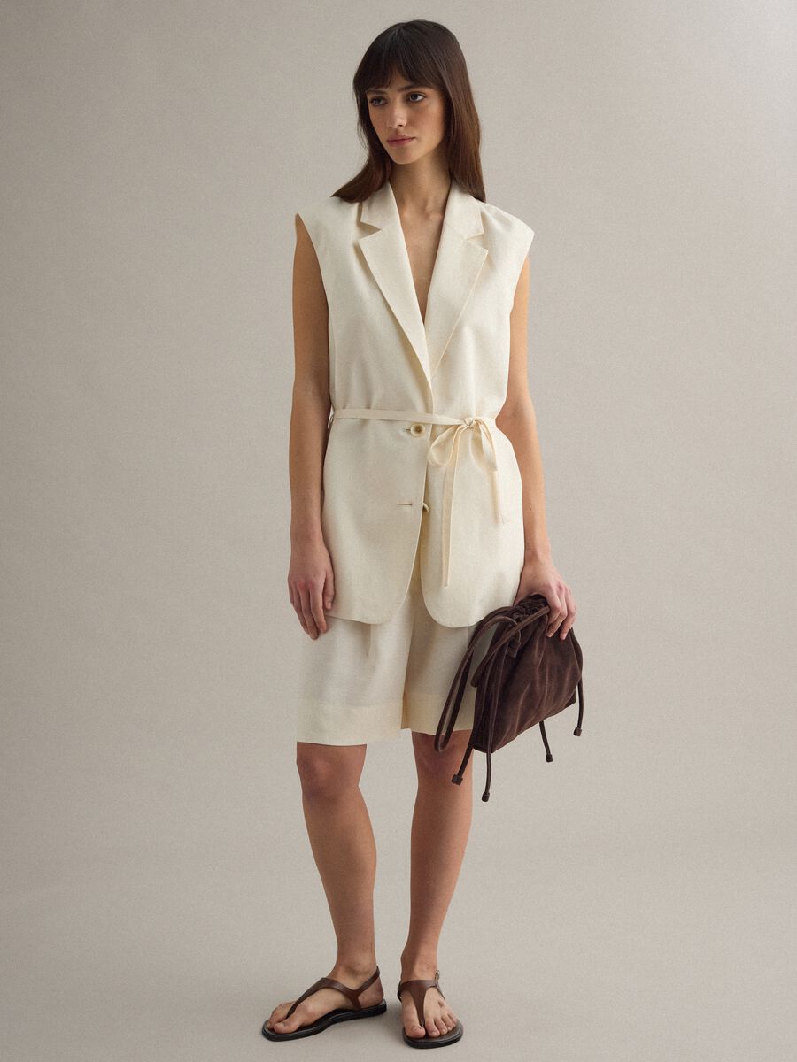 White regular-fit lyocell-linen blend waistcoat with belt_1