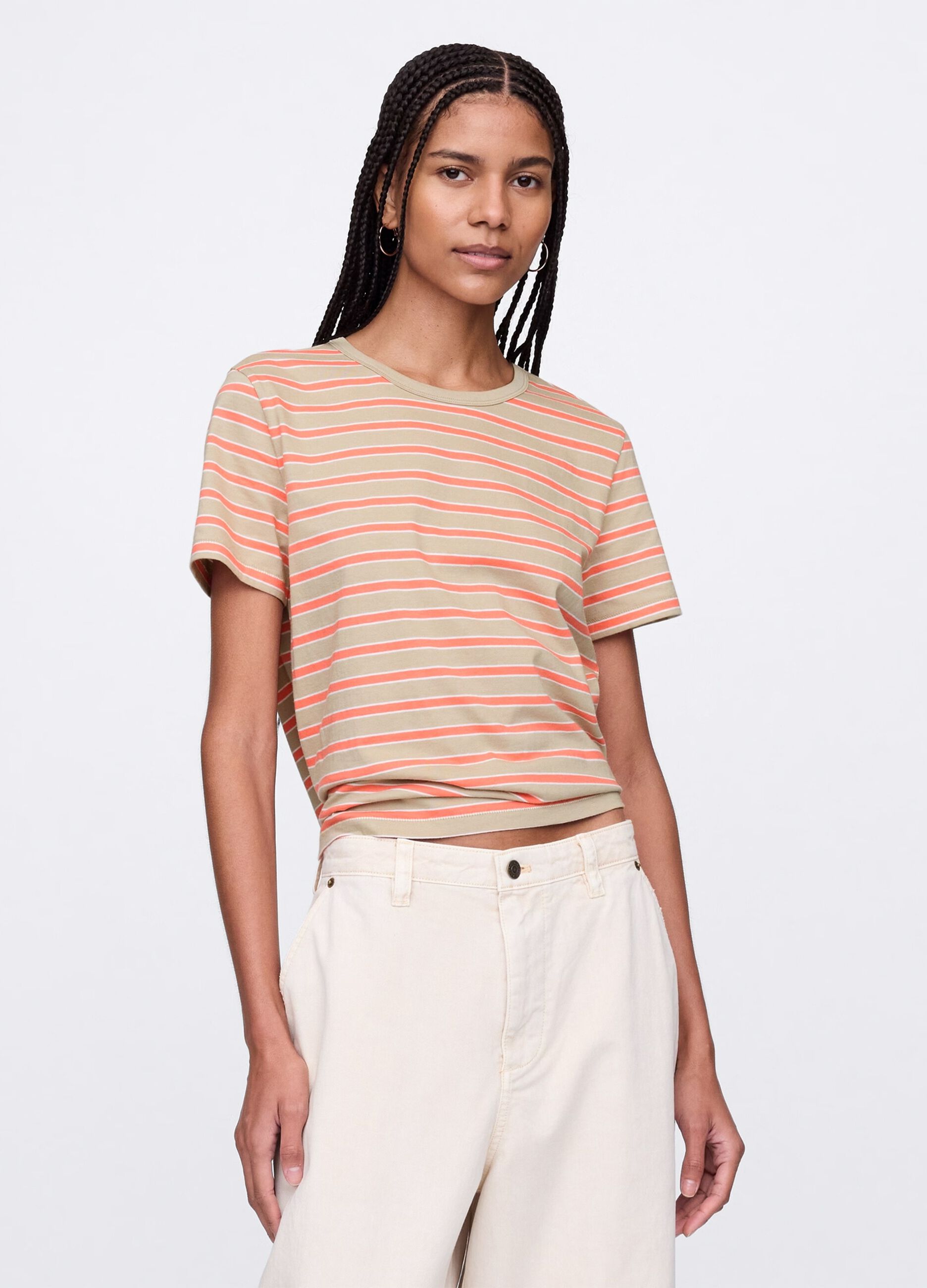 Beige and orange striped T-shirt in cotton