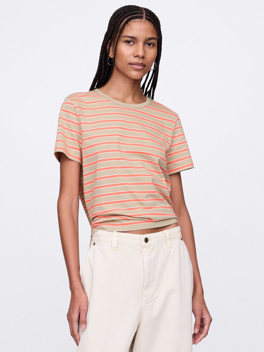 T-shirt a righe arancioni e beige in cotone_0