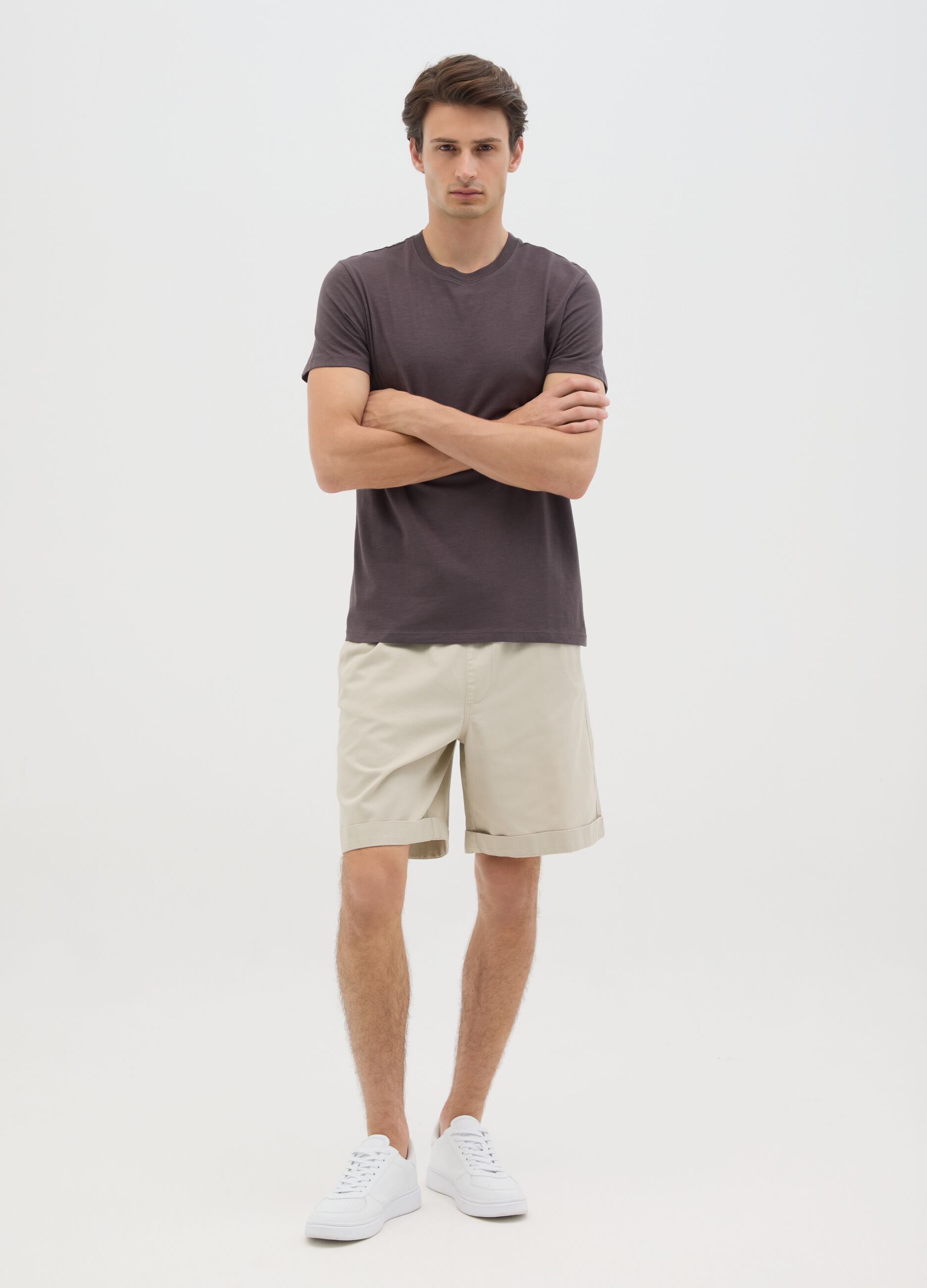 Men's beige pure cotton bermuda shorts, regular fit
