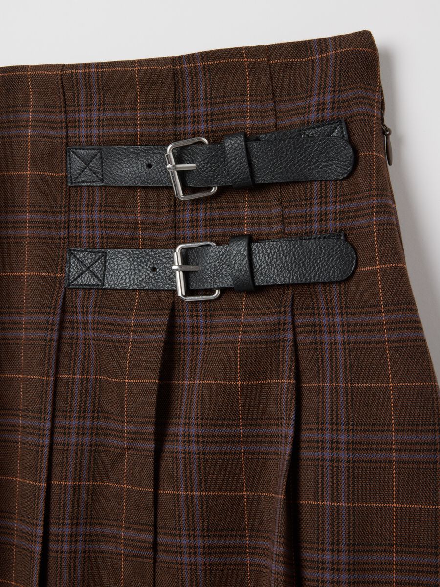 Brown Checked Long Skirt with Buckles_5