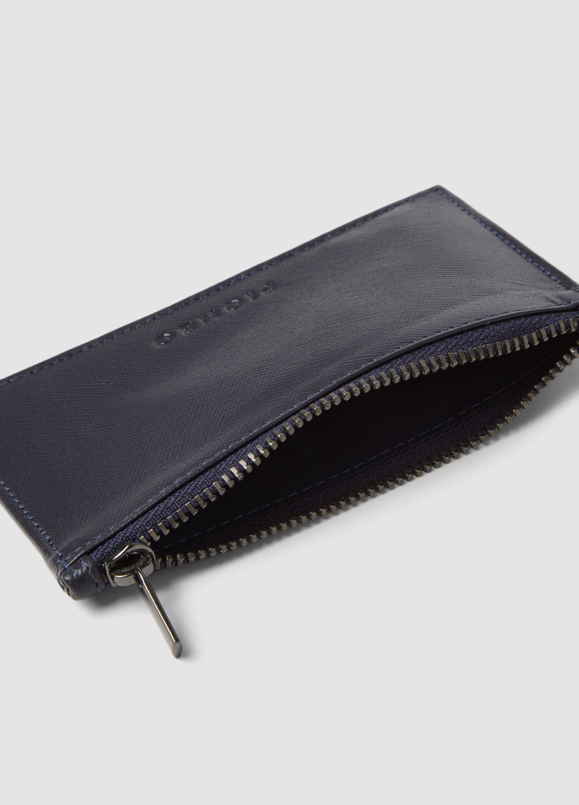 Blue genuine leather card holder with zip