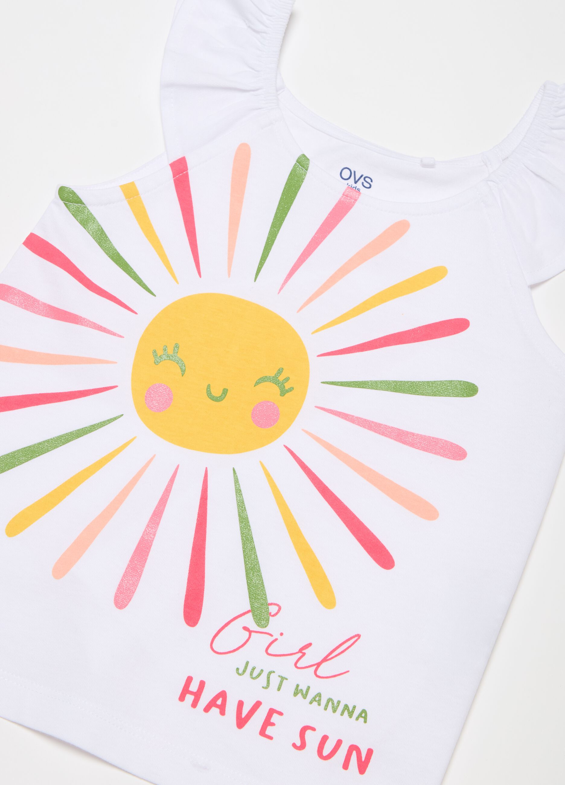 Cotton tank top with frills and print