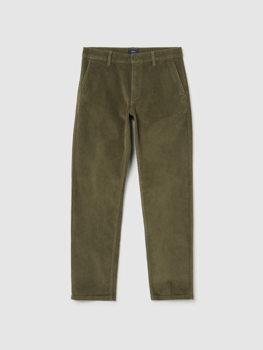 Pantaloni verdi in cotone elasticizzato a coste strette regular fit_0