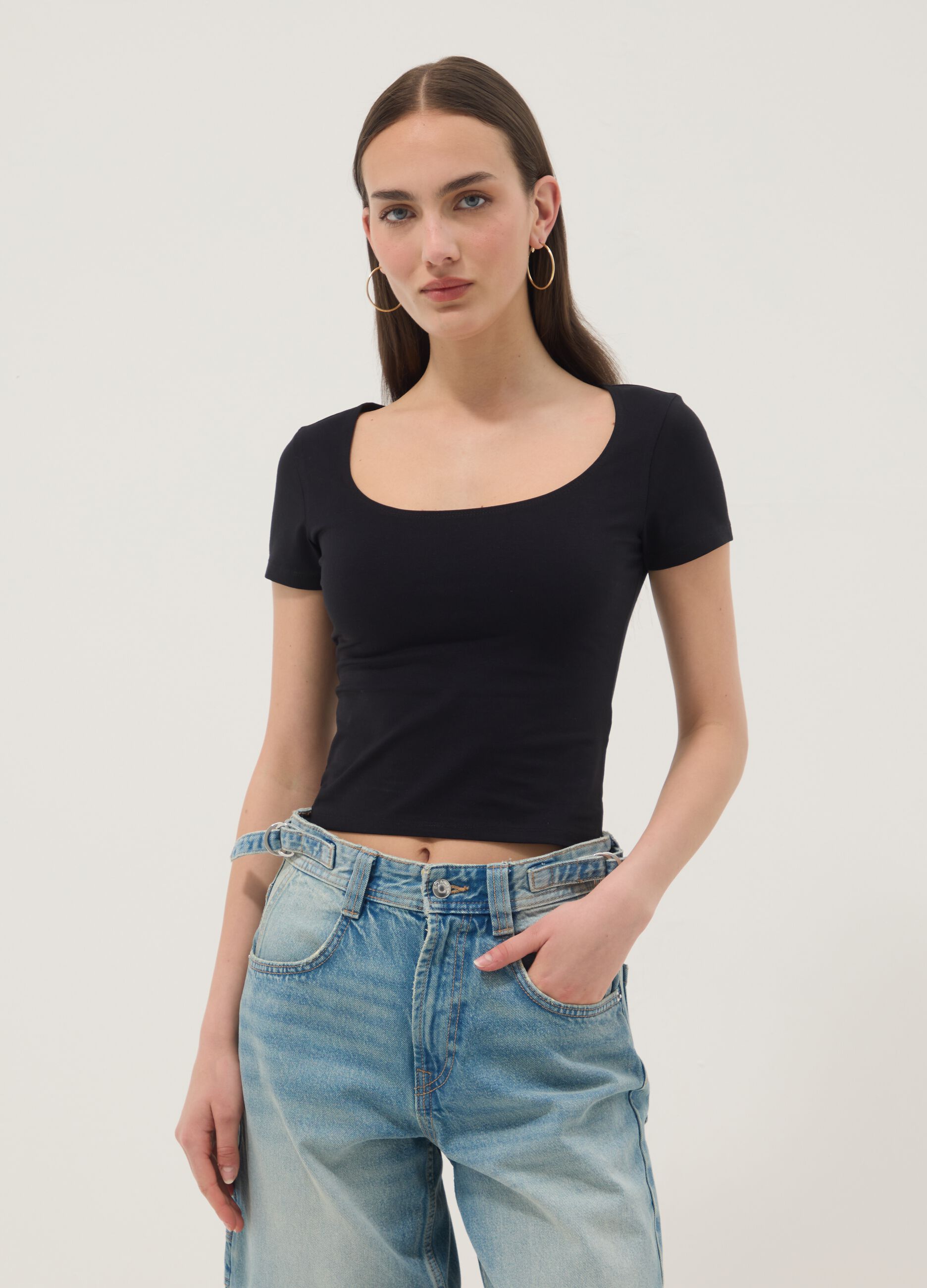 Black stretch cotton T-shirt with square neckline