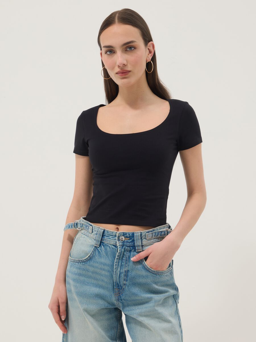 Black stretch cotton T-shirt with square neckline_1