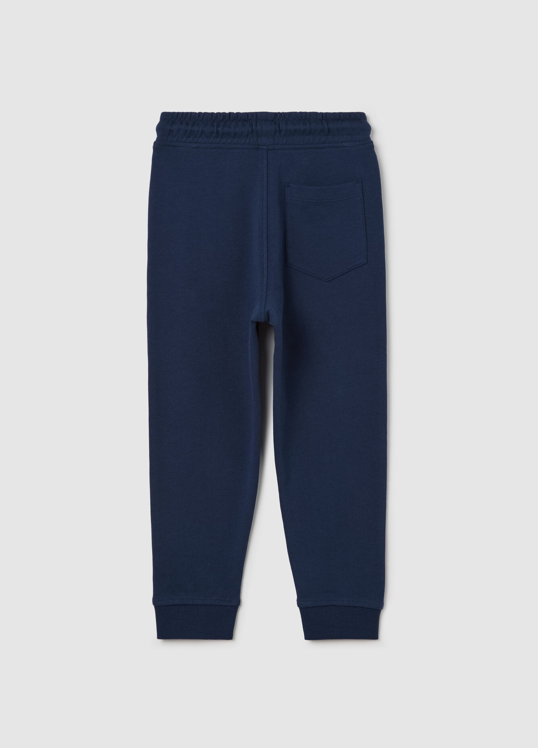 Blue cotton joggers with drawstring and print