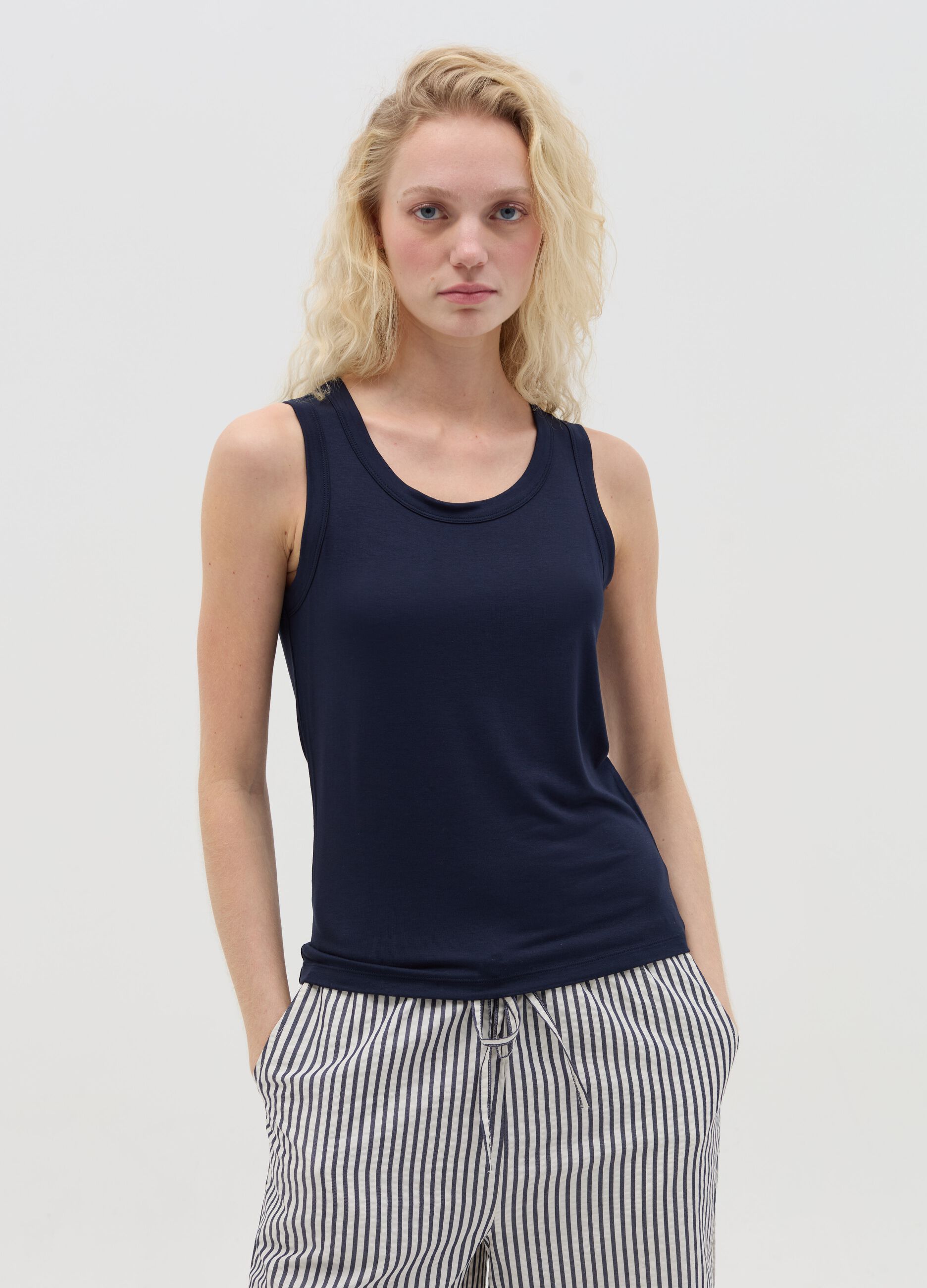 Basic blue tank top in stretch viscose