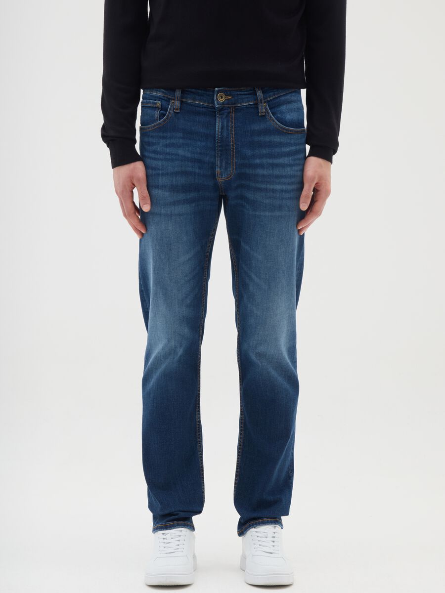 Regular fit blue stretch denim jeans_1