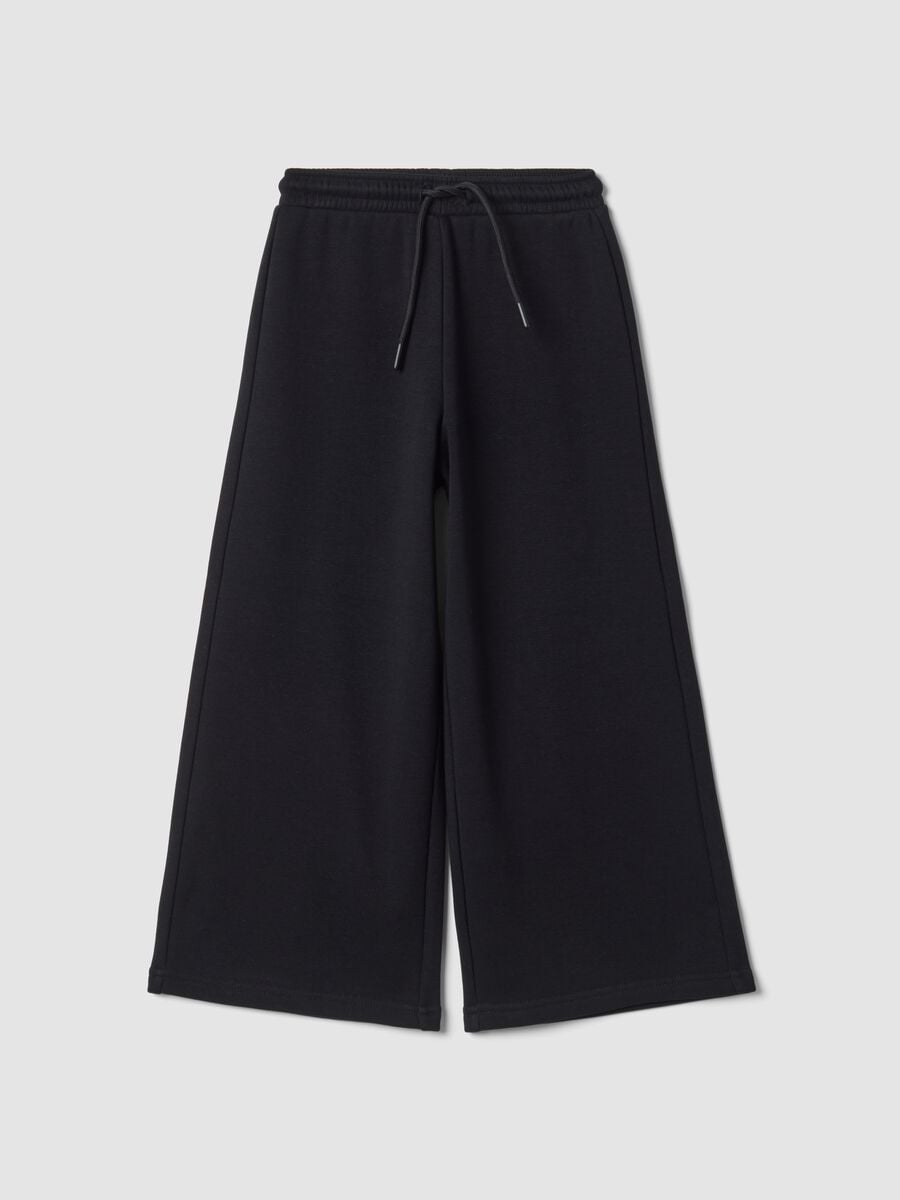 Pantaloni neri wide leg in tessuto fleece elasticizzato_0
