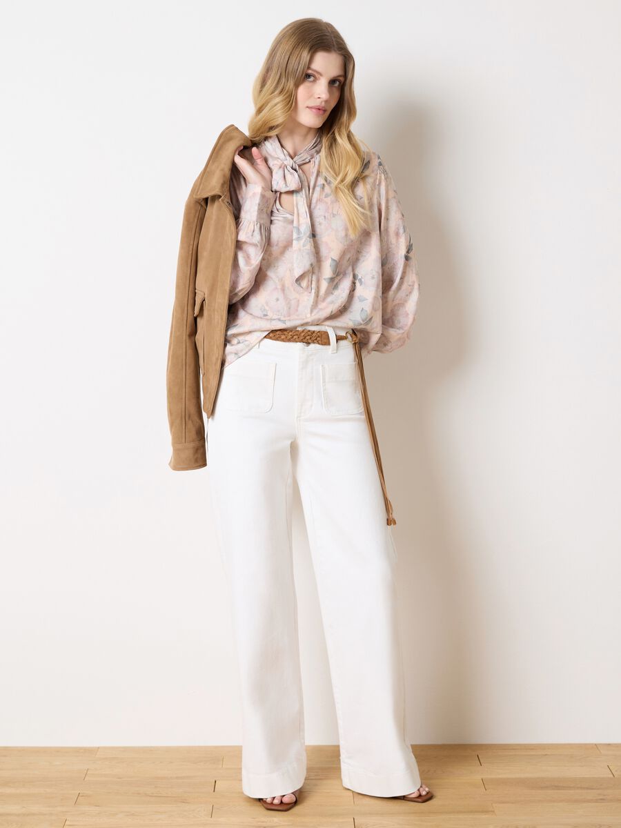 Beige blouse with floral pattern and bow_0