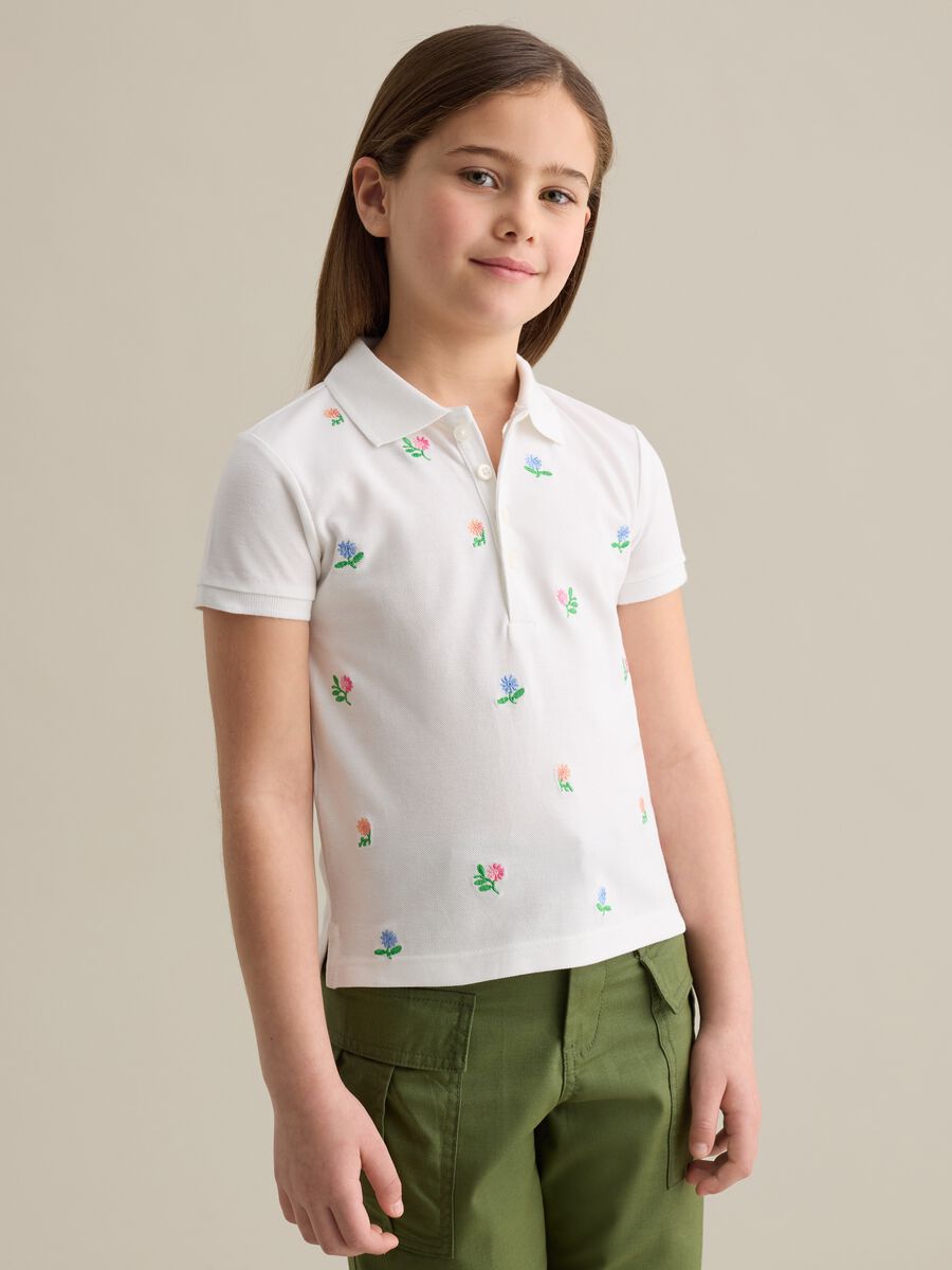 Cotton polo shirt with embroidered flowers_0