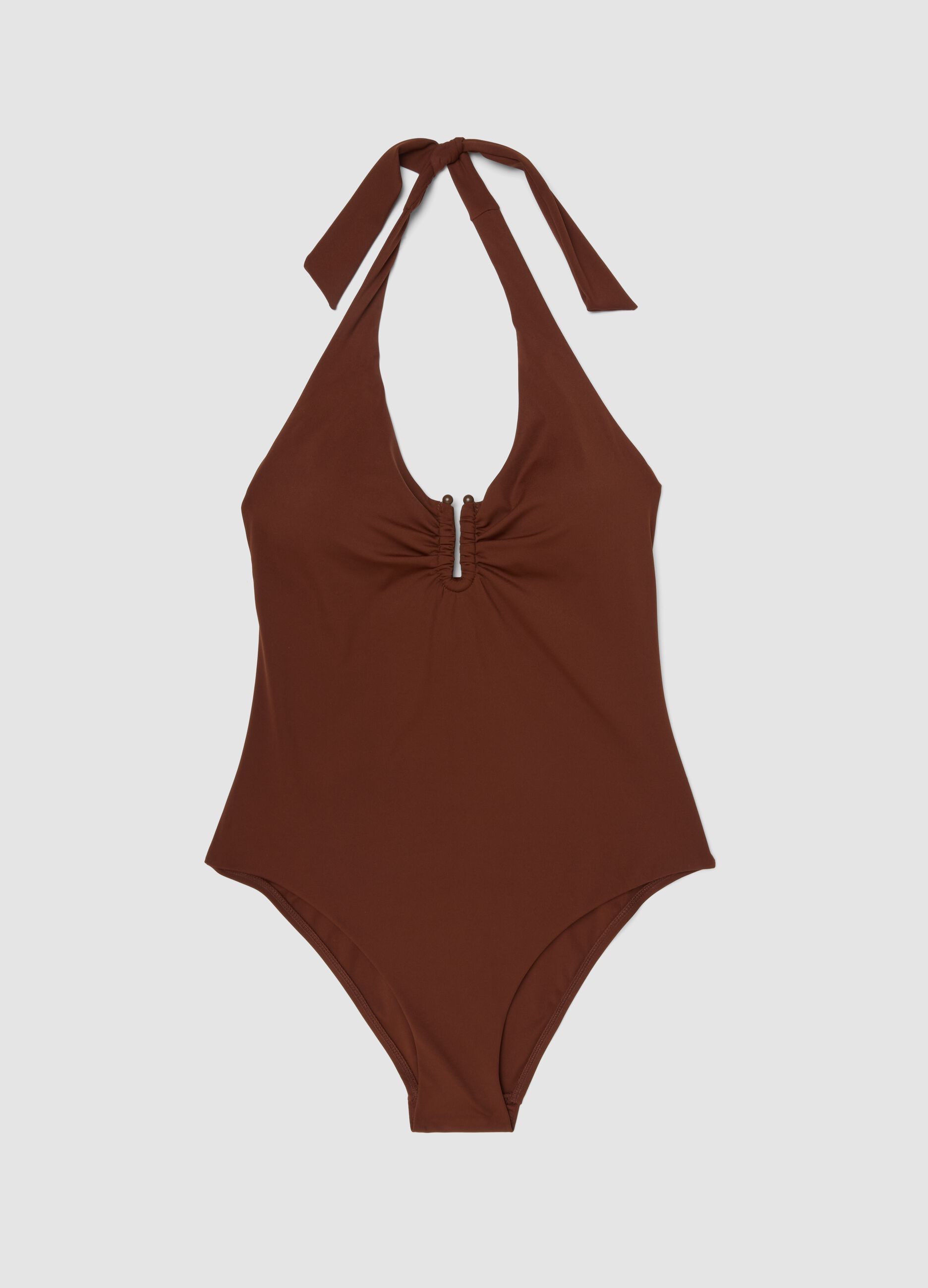 Brown stretch halterneck swimsuit