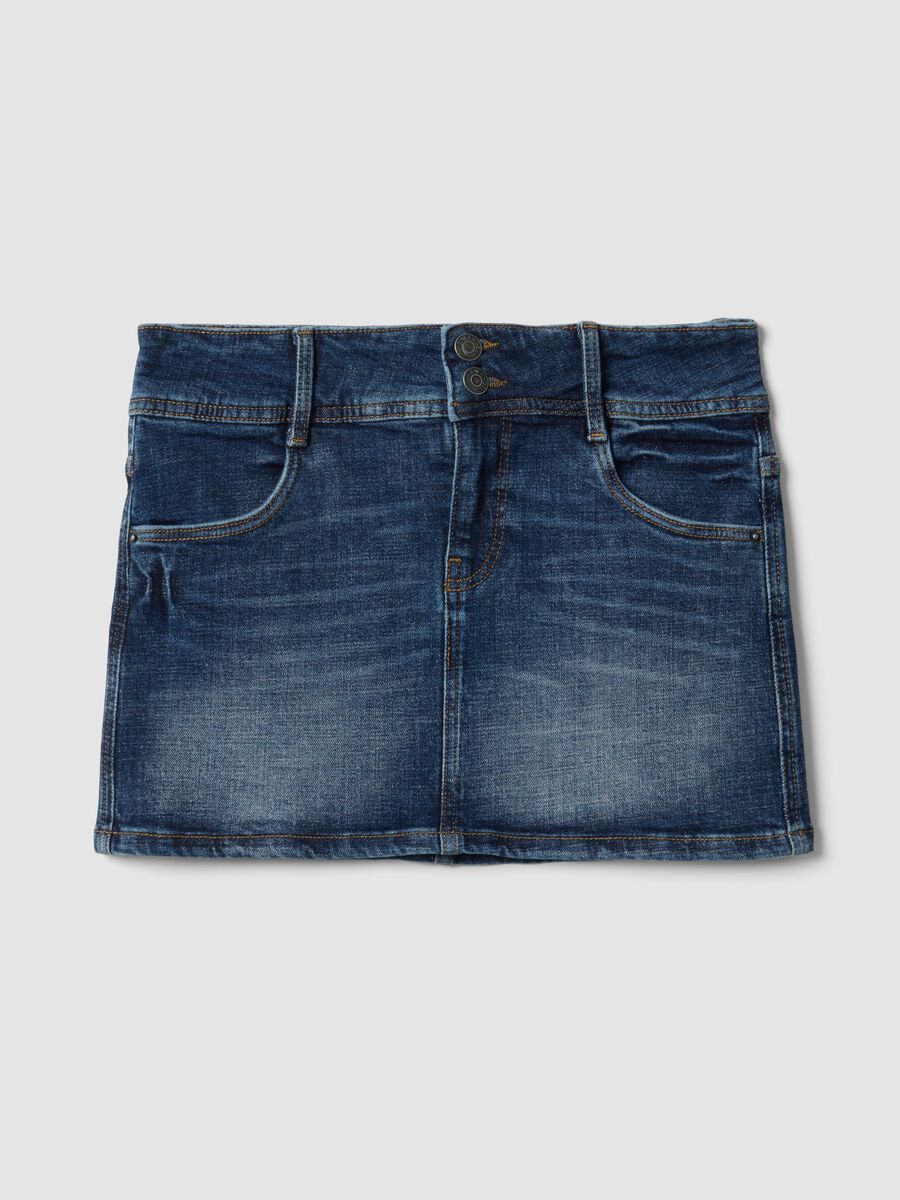 Mini gonna blu in denim di cotone elasticizzato_4