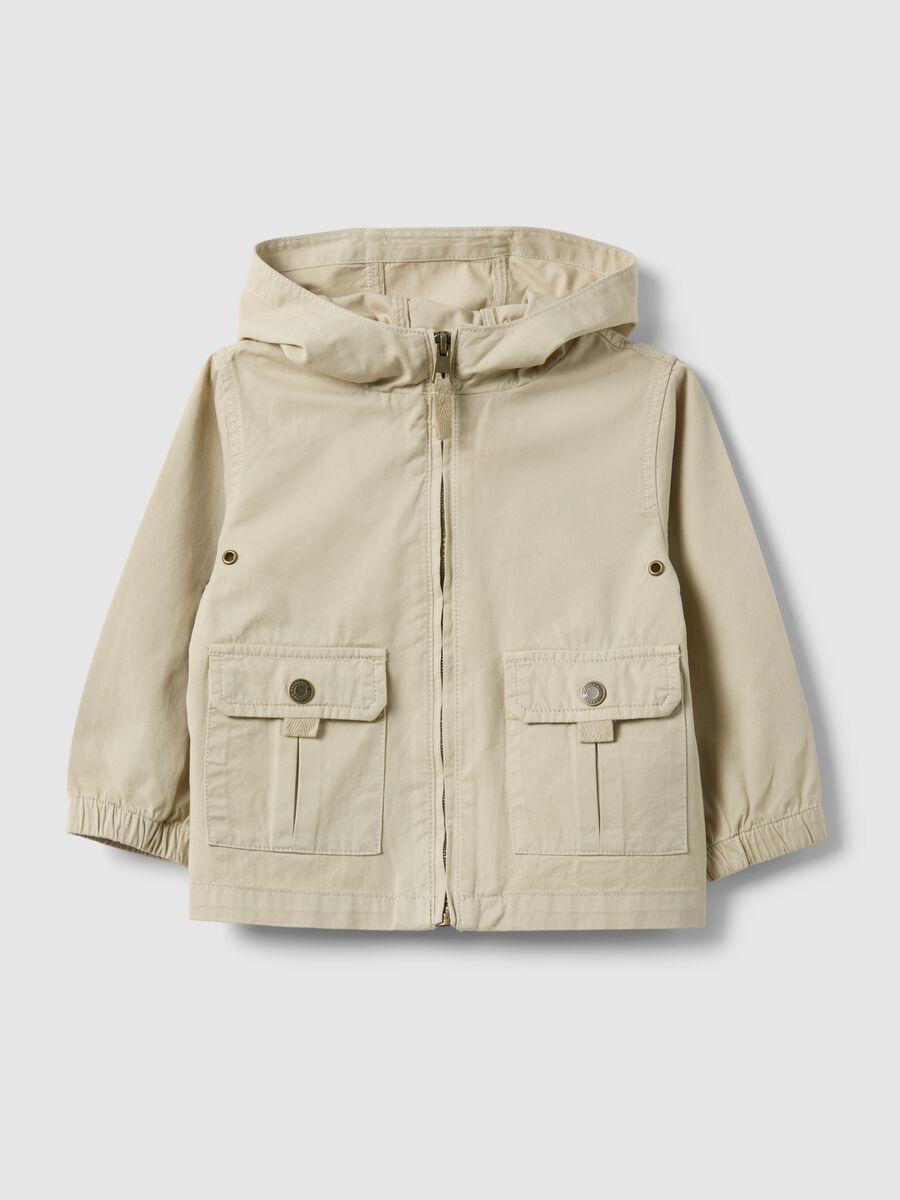 Giacca in puro cotone beige da bimbo con cappuccio e tasche frontali_0
