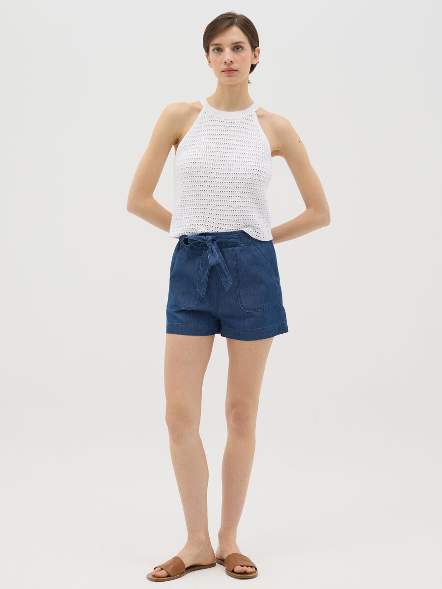 Fluid shorts in denim with bow_0