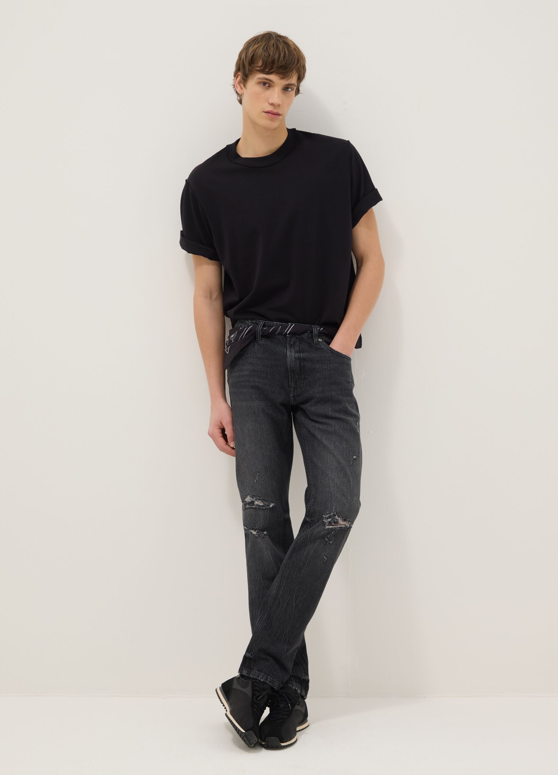 Black Pure Cotton Slim Fit Distressed Jeans