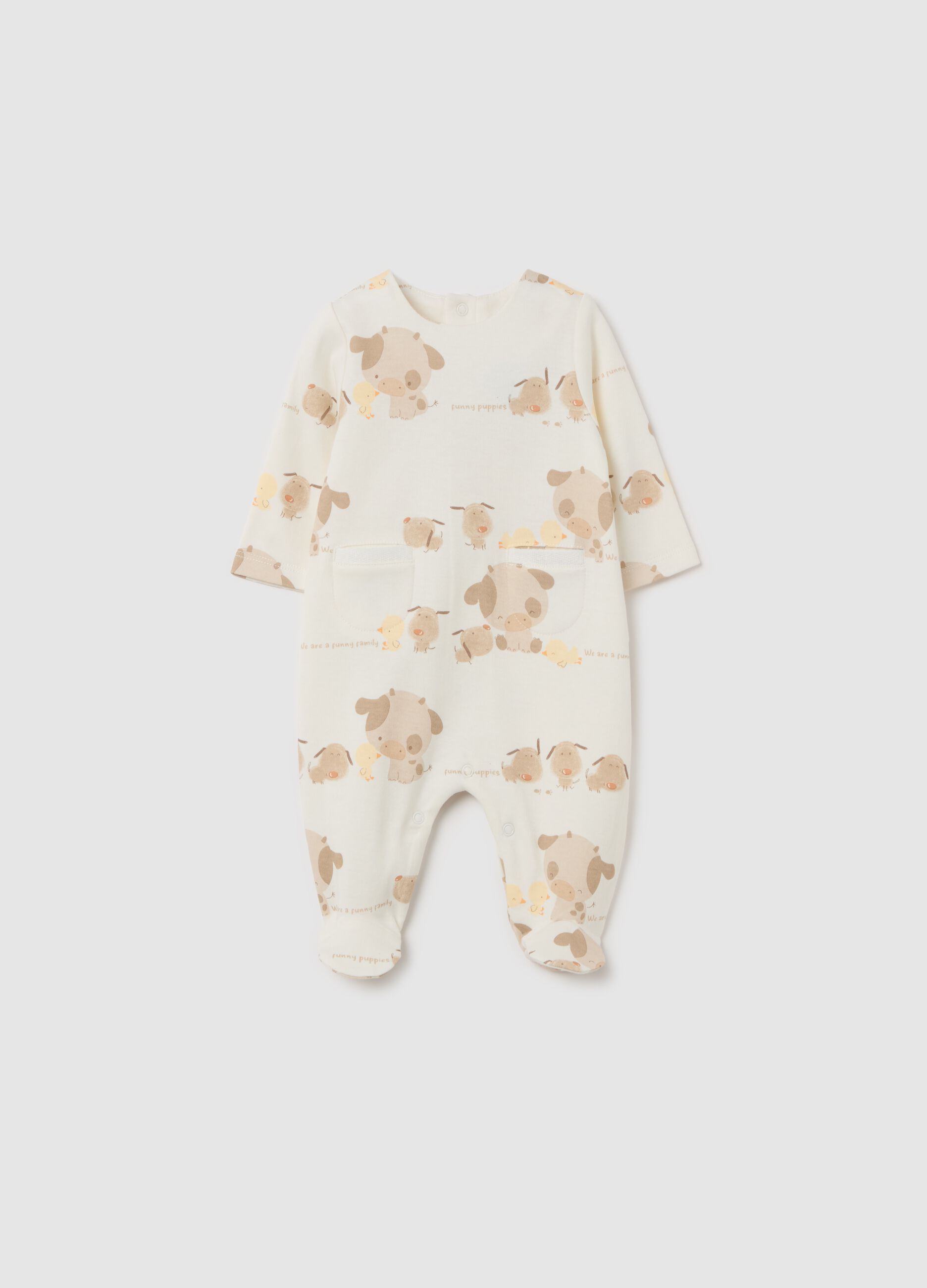Cotton onesie with feet and "We are a funny family" embroidery