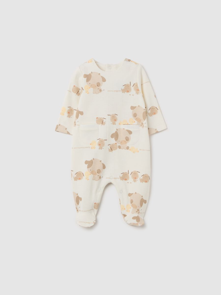 Cotton onesie with feet and "We are a funny family" embroidery_0