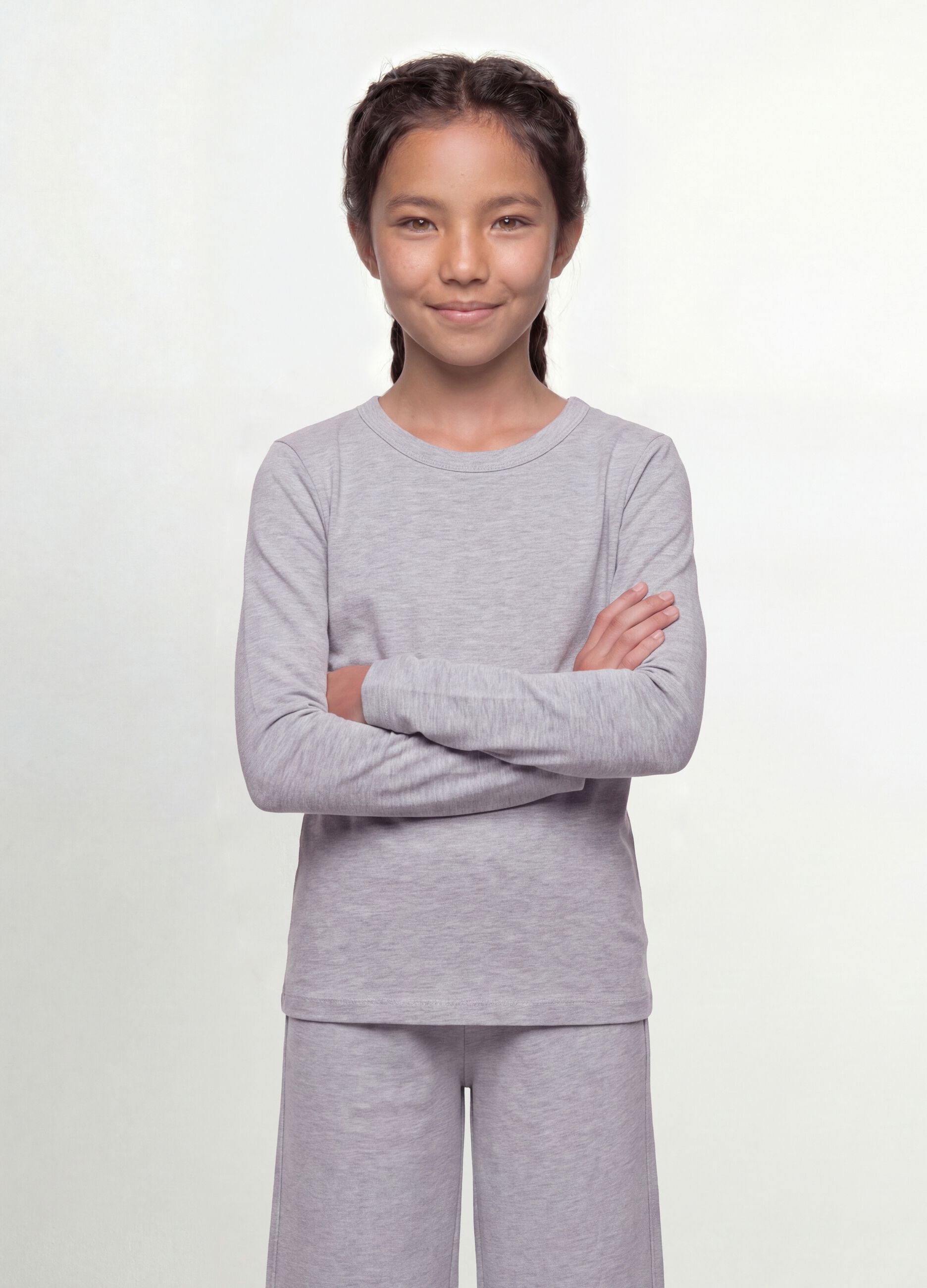 Grey organic cotton and stretch viscose T-shirt with ribbed neckline for girls