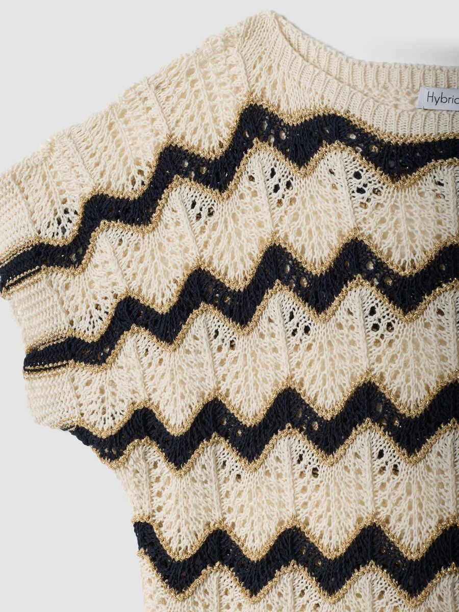 T-shirt beige in cotone elasticizzato con lavorazione traforata_5