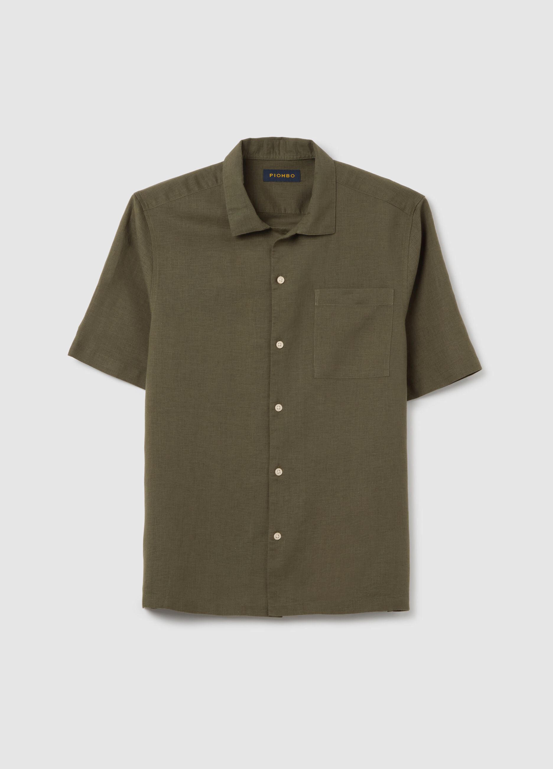Camicia da uomo in lino e cotone verde regular fit con colletto bowling