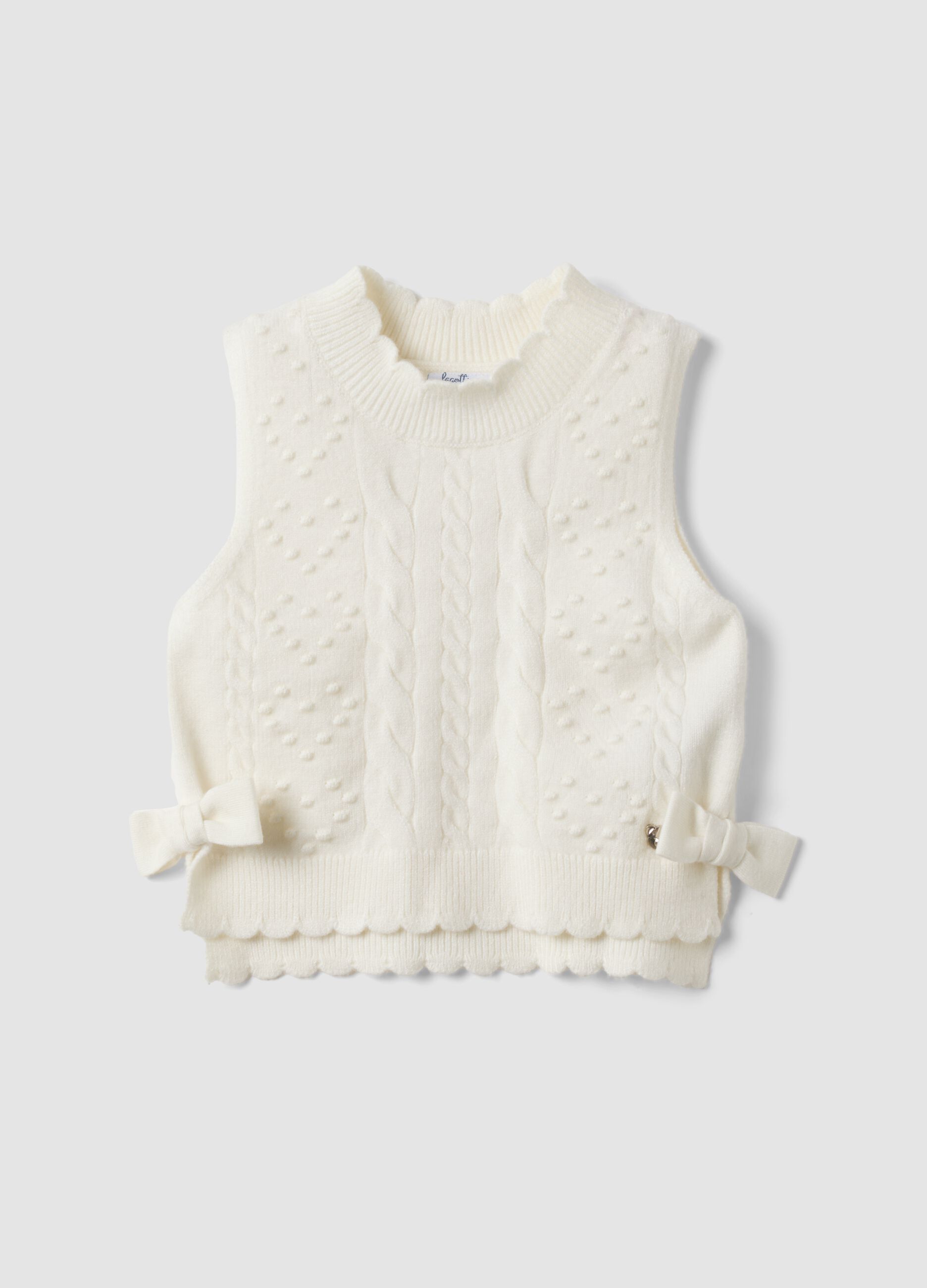 White crew-neck viscose-blend cable-knit gilet for baby girl