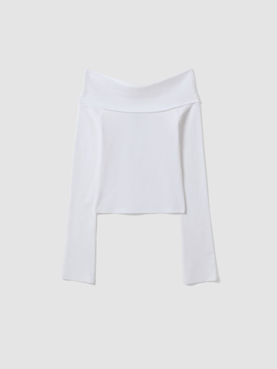 T-shirt bianca in cotone elasticizzato con scollo a barchetta slim fit_3