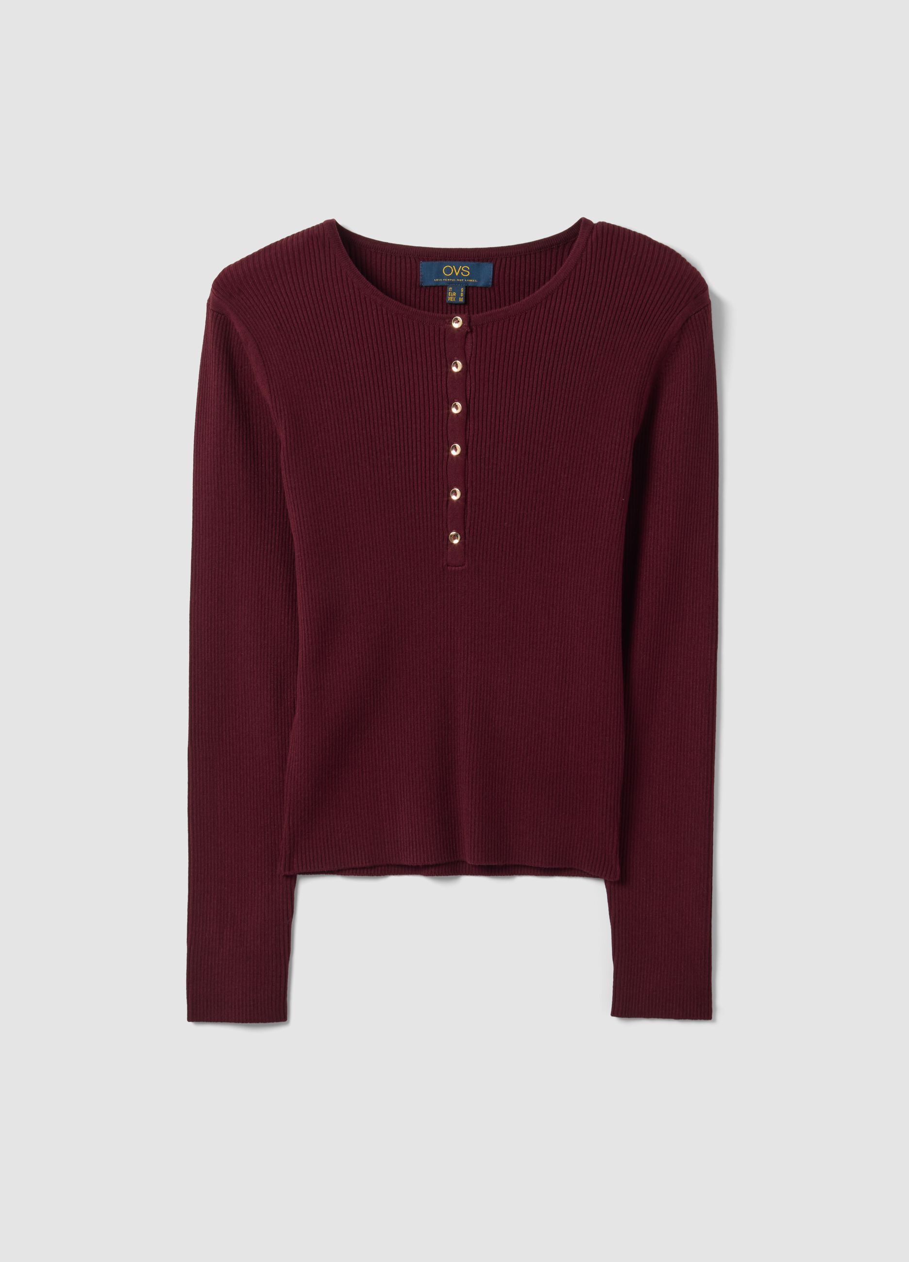 Red fitted ribbed viscose-blend top with buttons