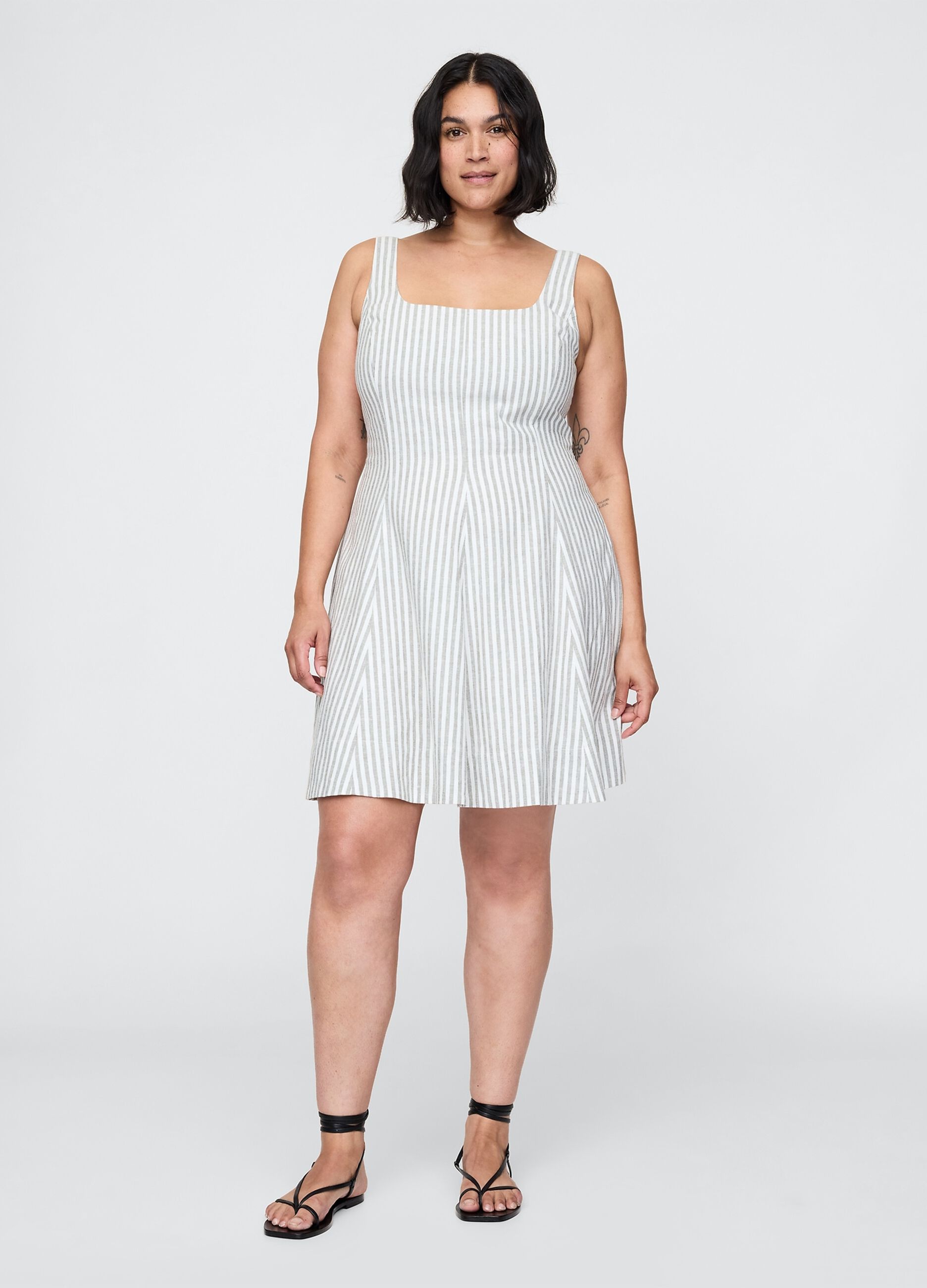 White and grey striped dress in linen and viscose