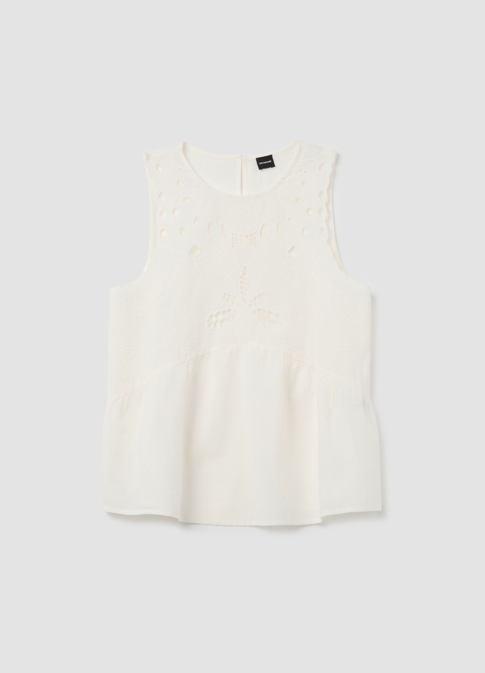Top da donna in puro cotone beige regular fit con ricami
