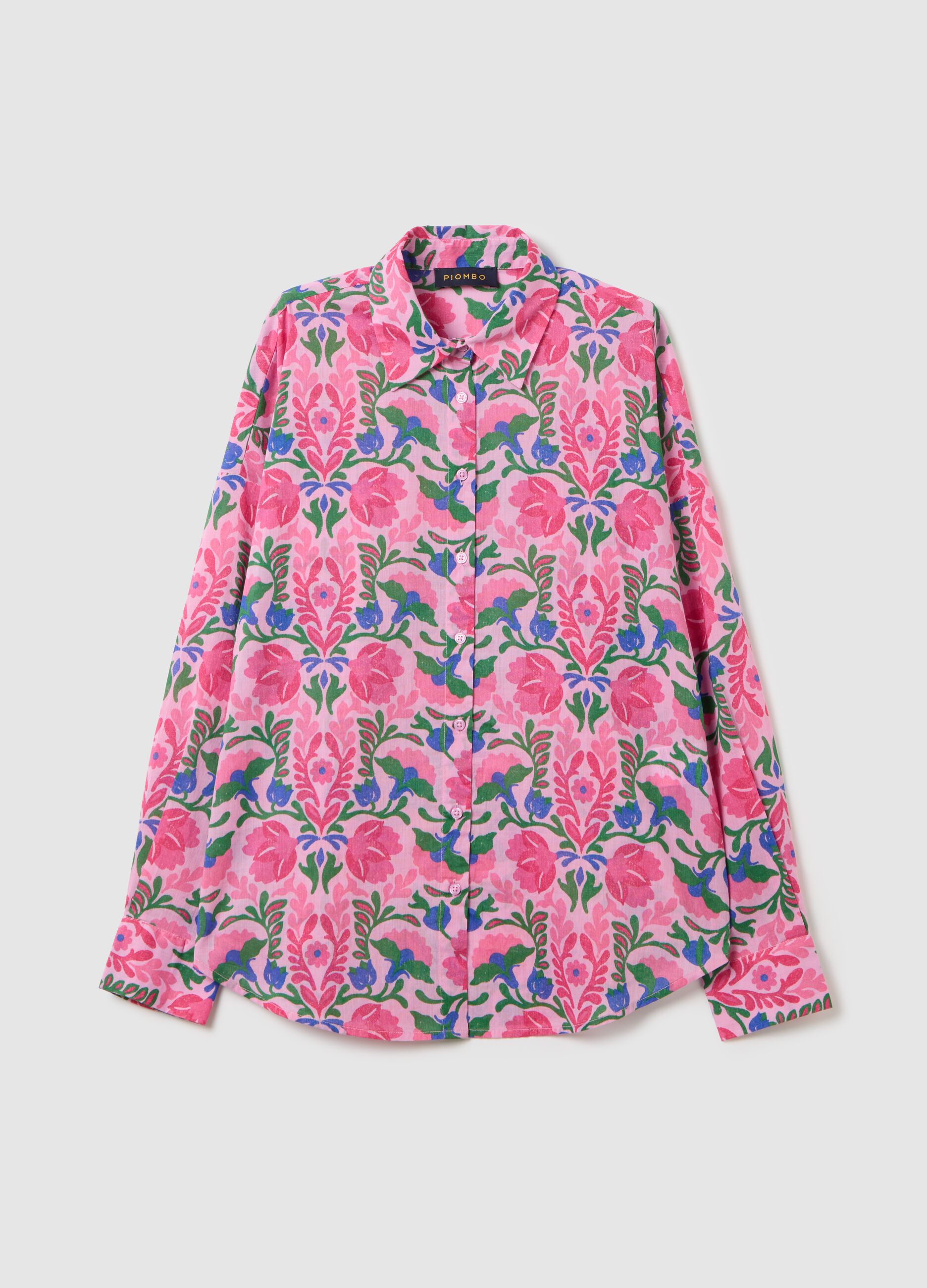 Cotton Shirt with Pink and Green Floral Print