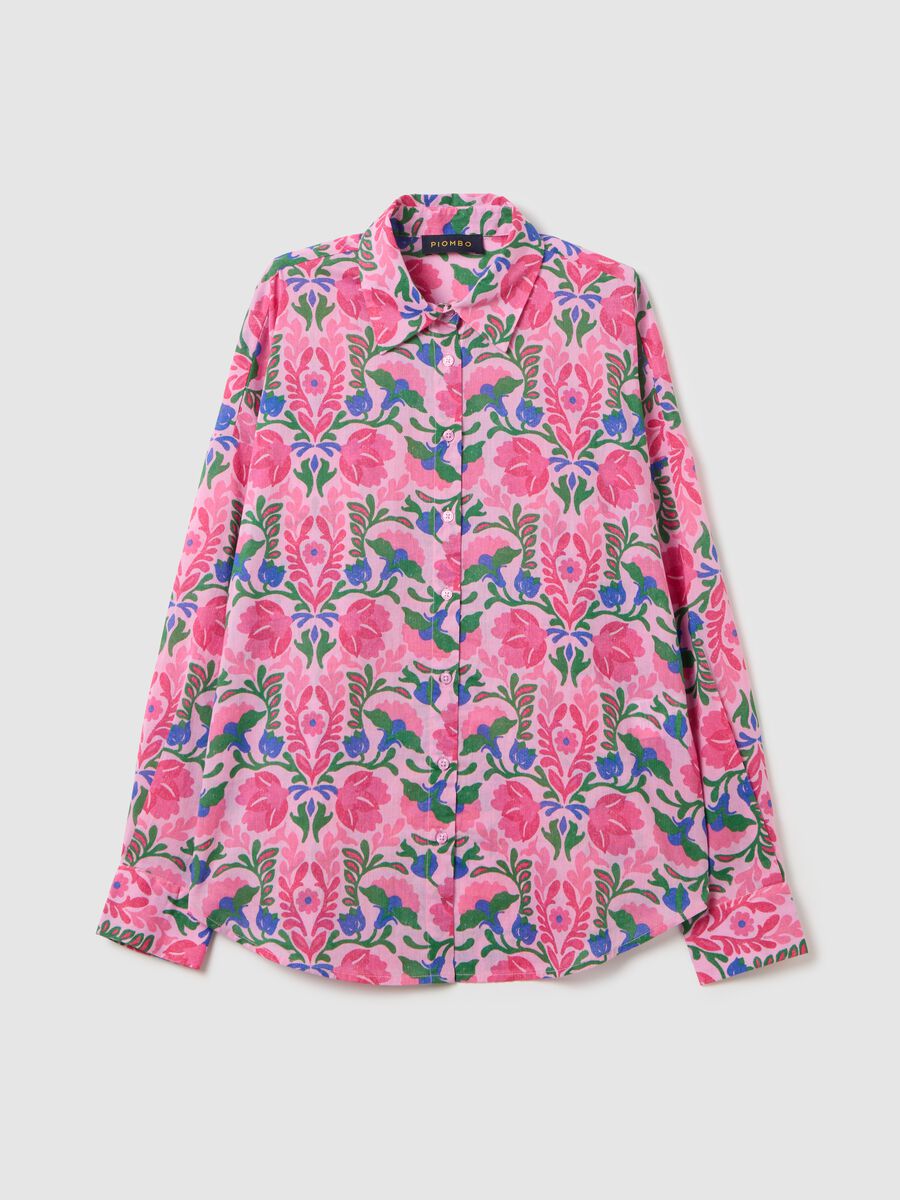 Cotton Shirt with Pink and Green Floral Print_4