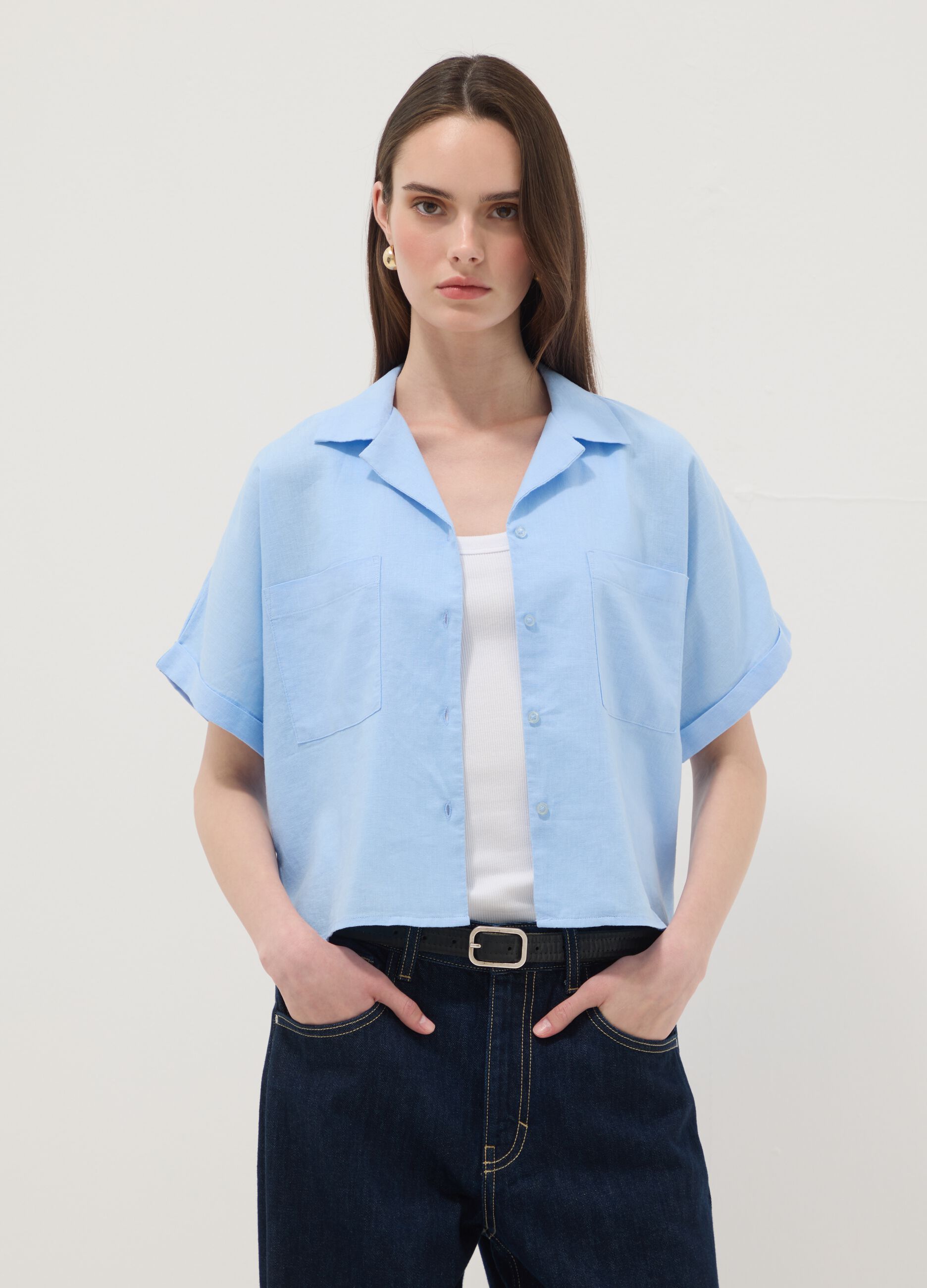 Light blue linen and viscose blend shirt, regular fit