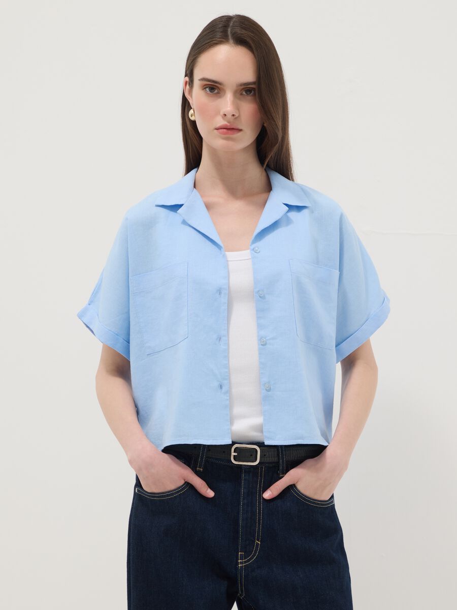 Camicia azzurra in misto lino e viscosa regular fit_0