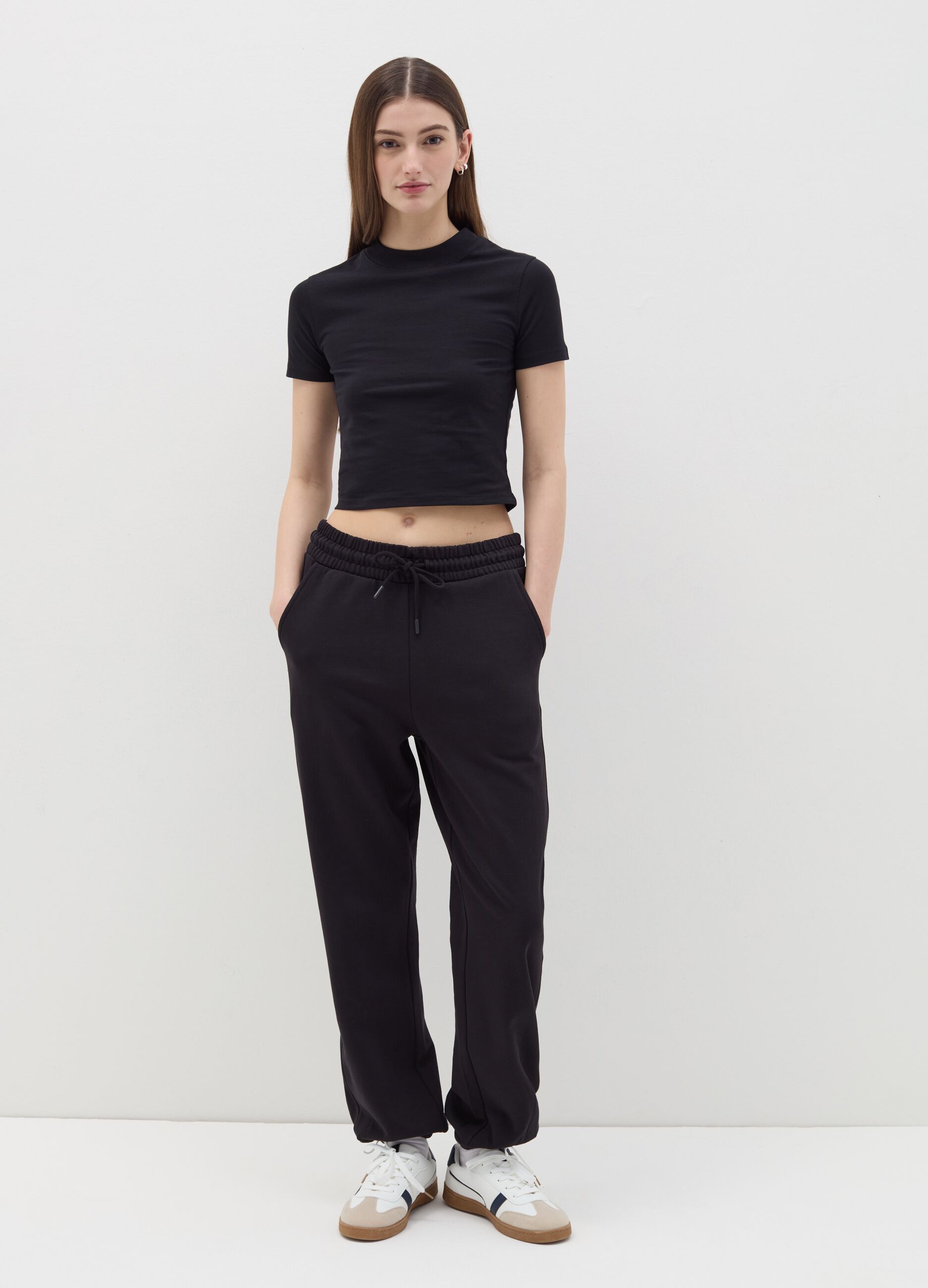 Stretch cotton T-shirt with mock neck