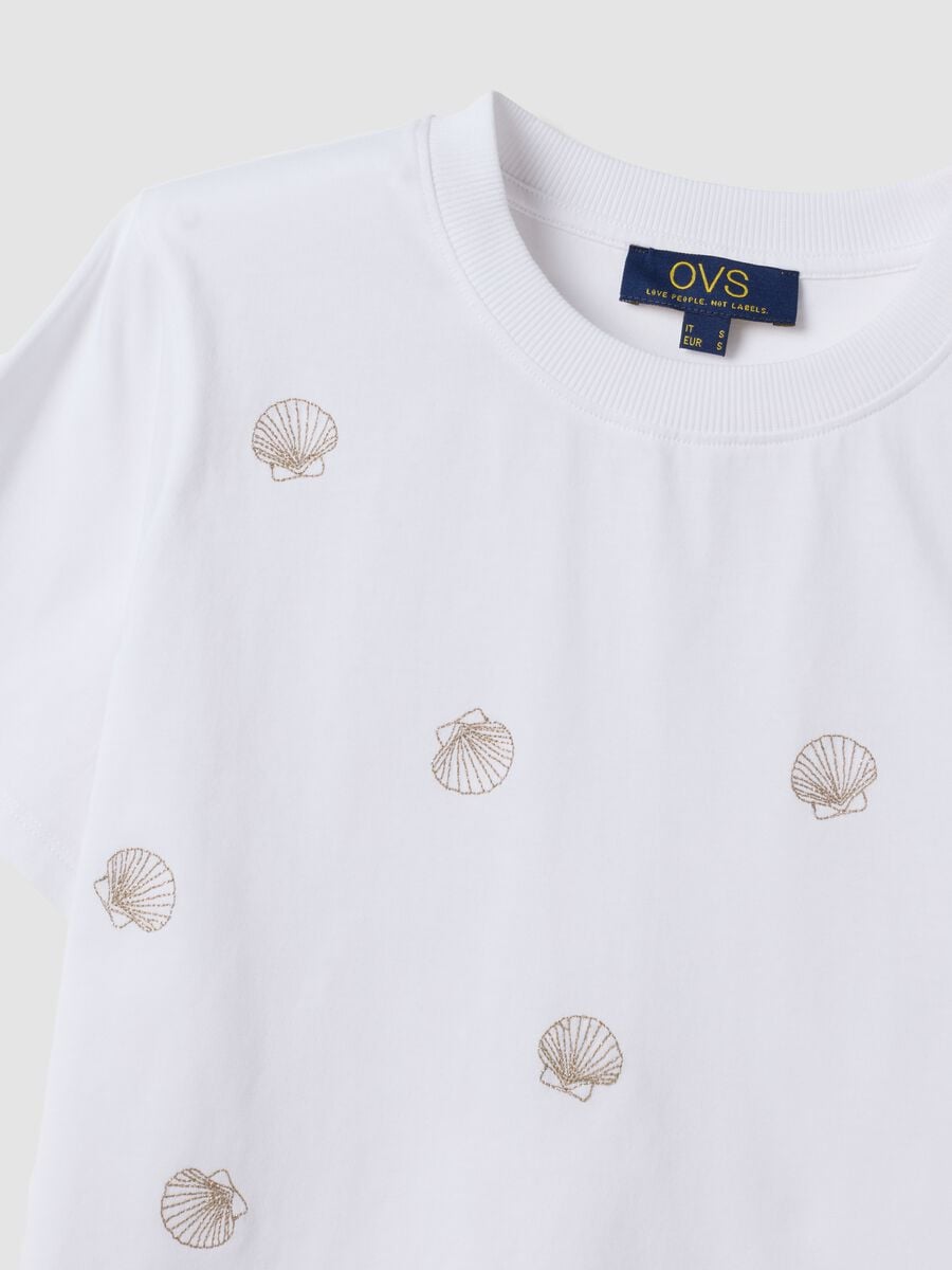 White pure cotton T-shirt with seashell print_1