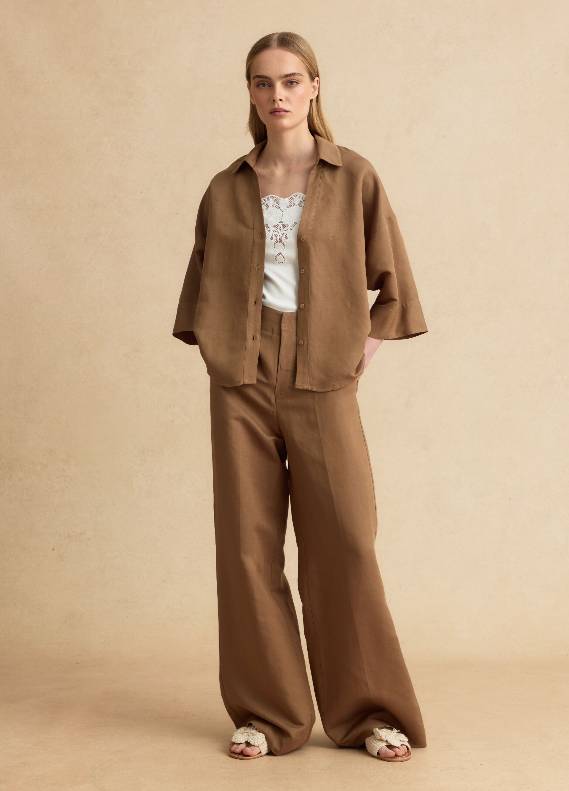 Brown linen and viscose-blend shirt