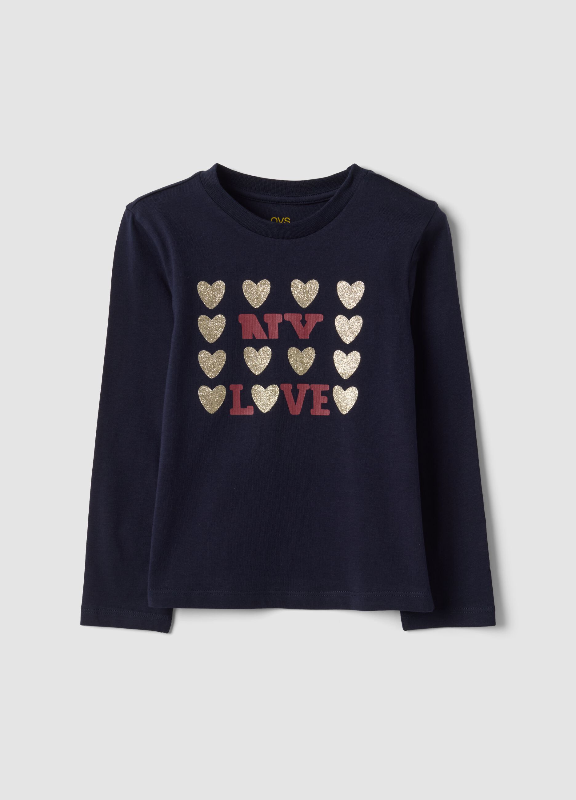 Blue pure organic cotton T-shirt with glitter heart print for girls