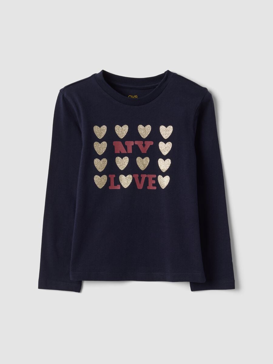 T-shirt blu in puro cotone organico con stampa cuori glitterati per bambina_0