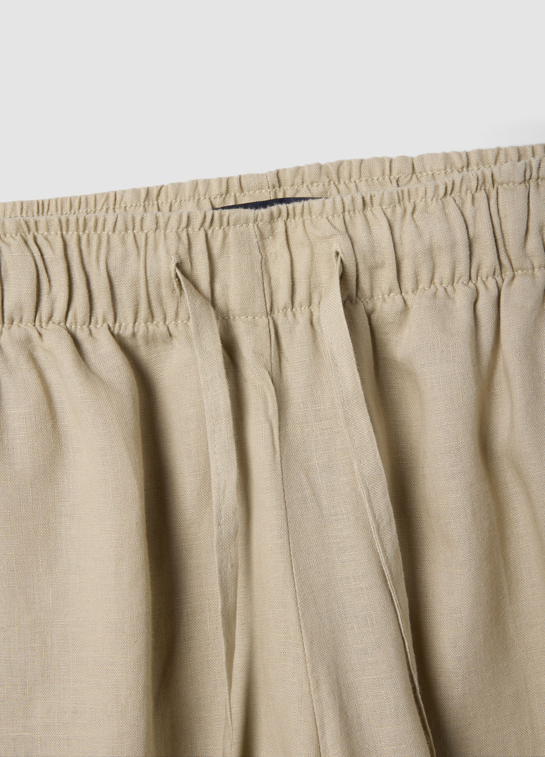Beige pure linen straight-fit trousers with drawstring
