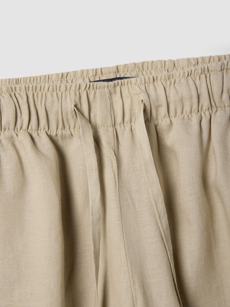 Pantaloni beige in puro lino con coulisse straight fit_5