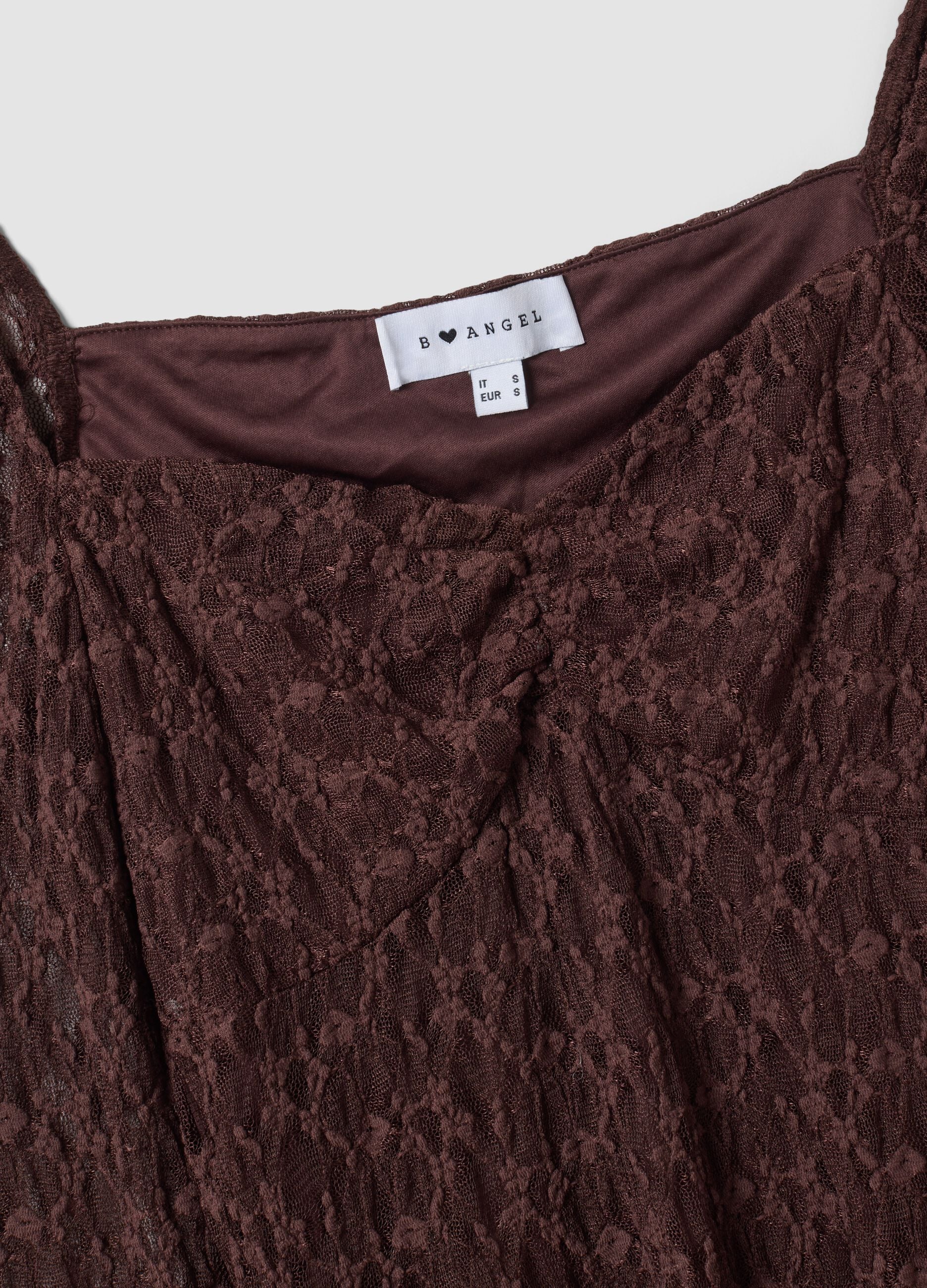 Brown stretch-fabric dress with deep V-neck, regular fit