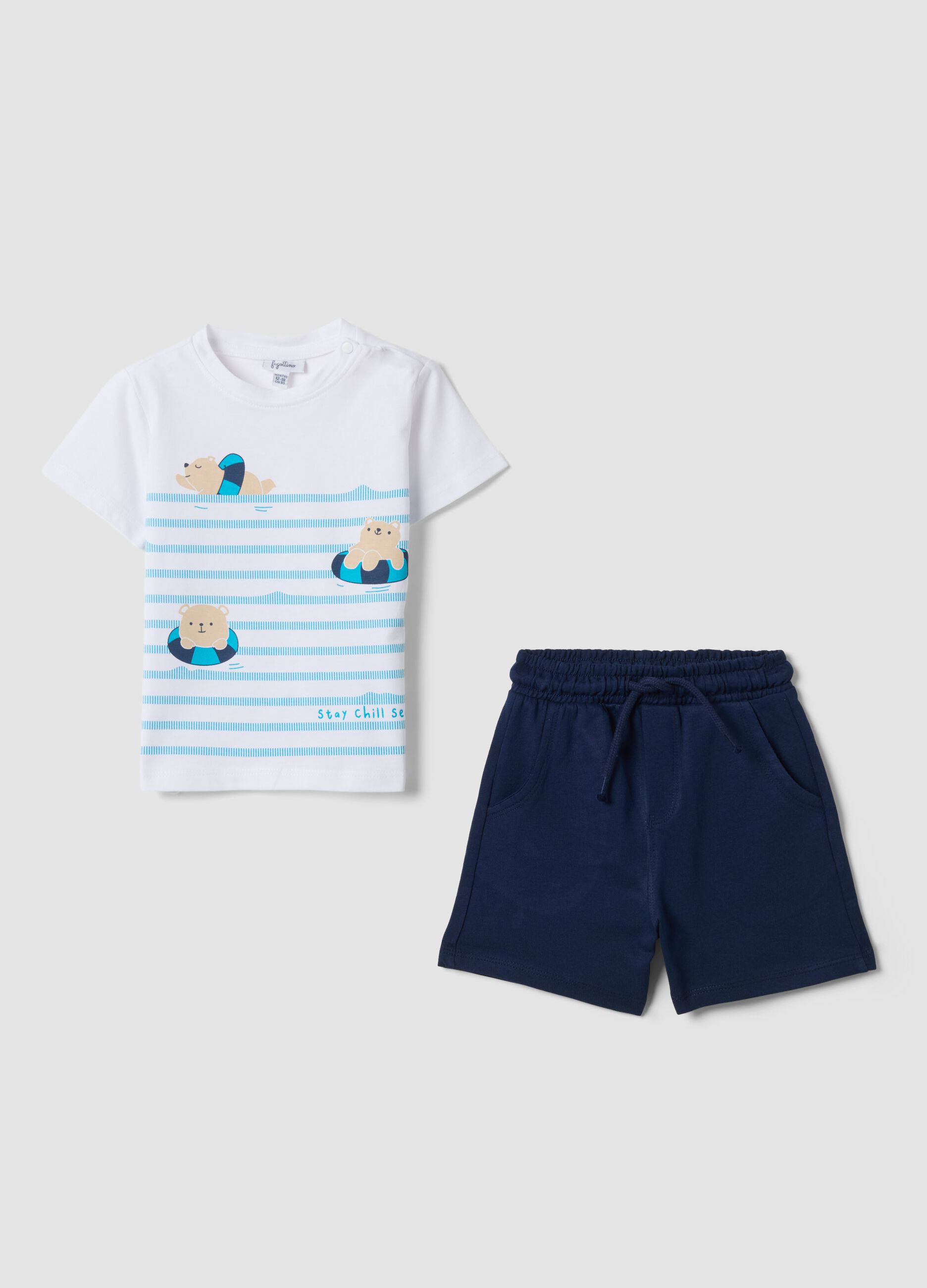 Blue and white pure cotton T-shirt and shorts set for baby boy, regular fit