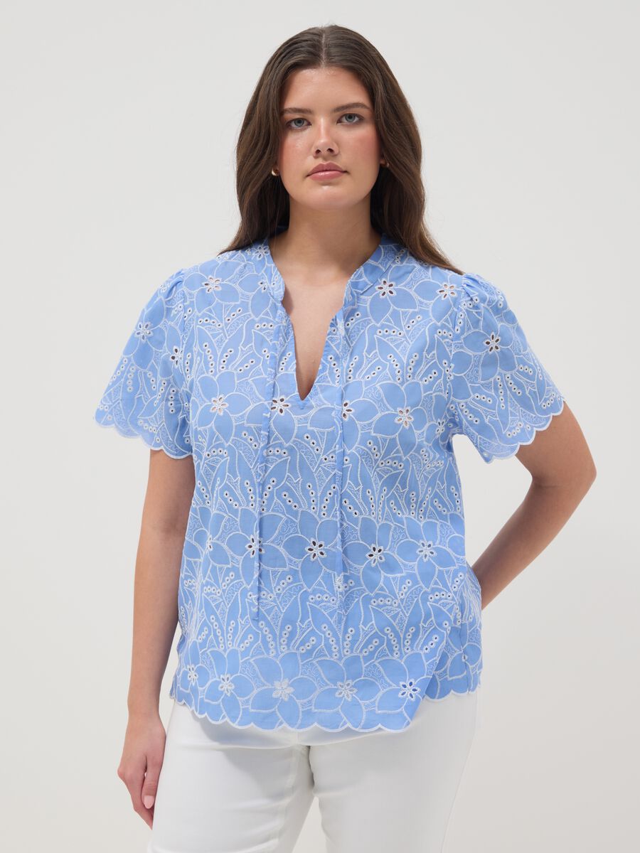 Sky-blue pure cotton broderie anglaise blouse_0