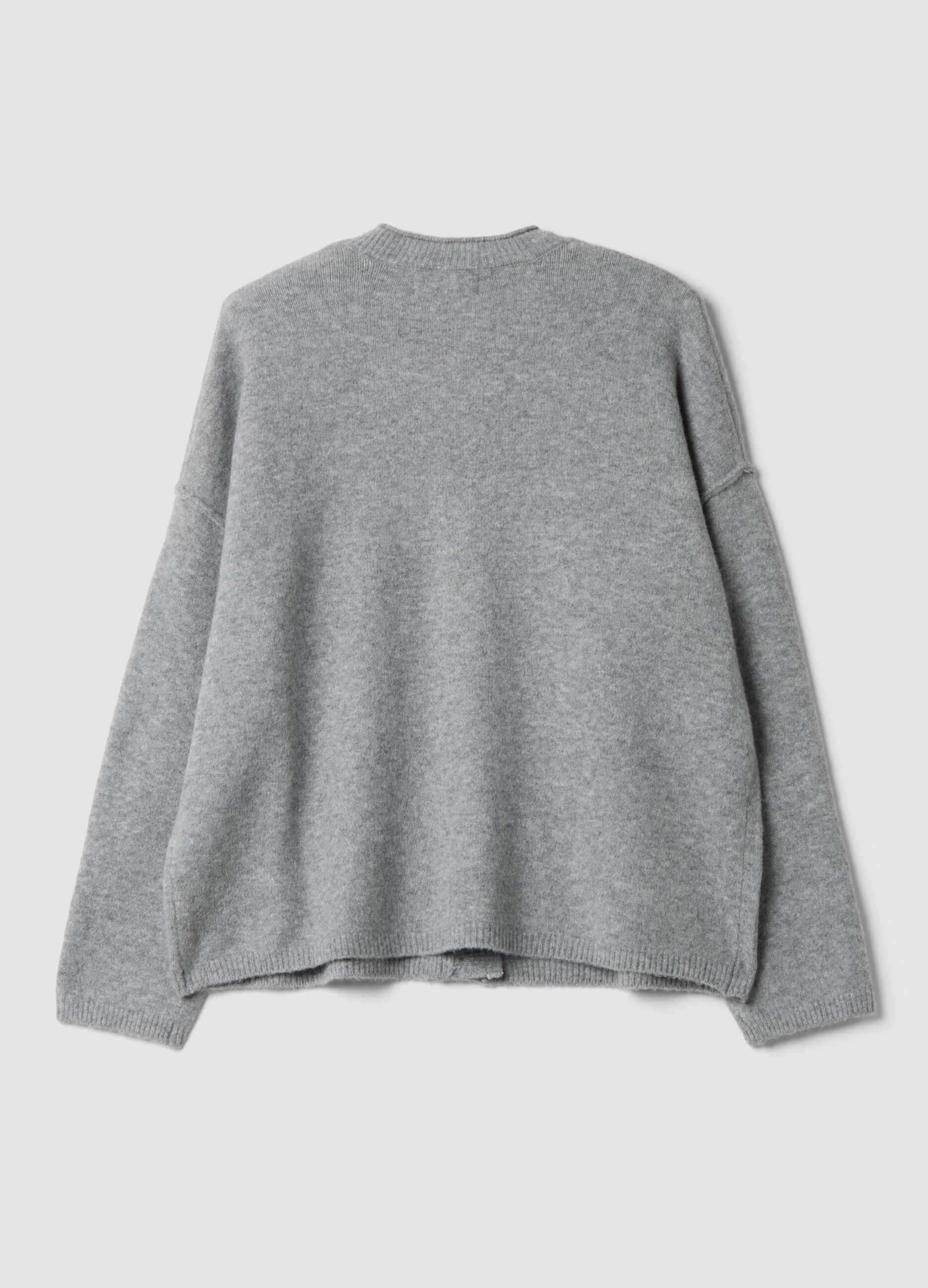 Grey Stretch Wool Crew-Neck Cardigan