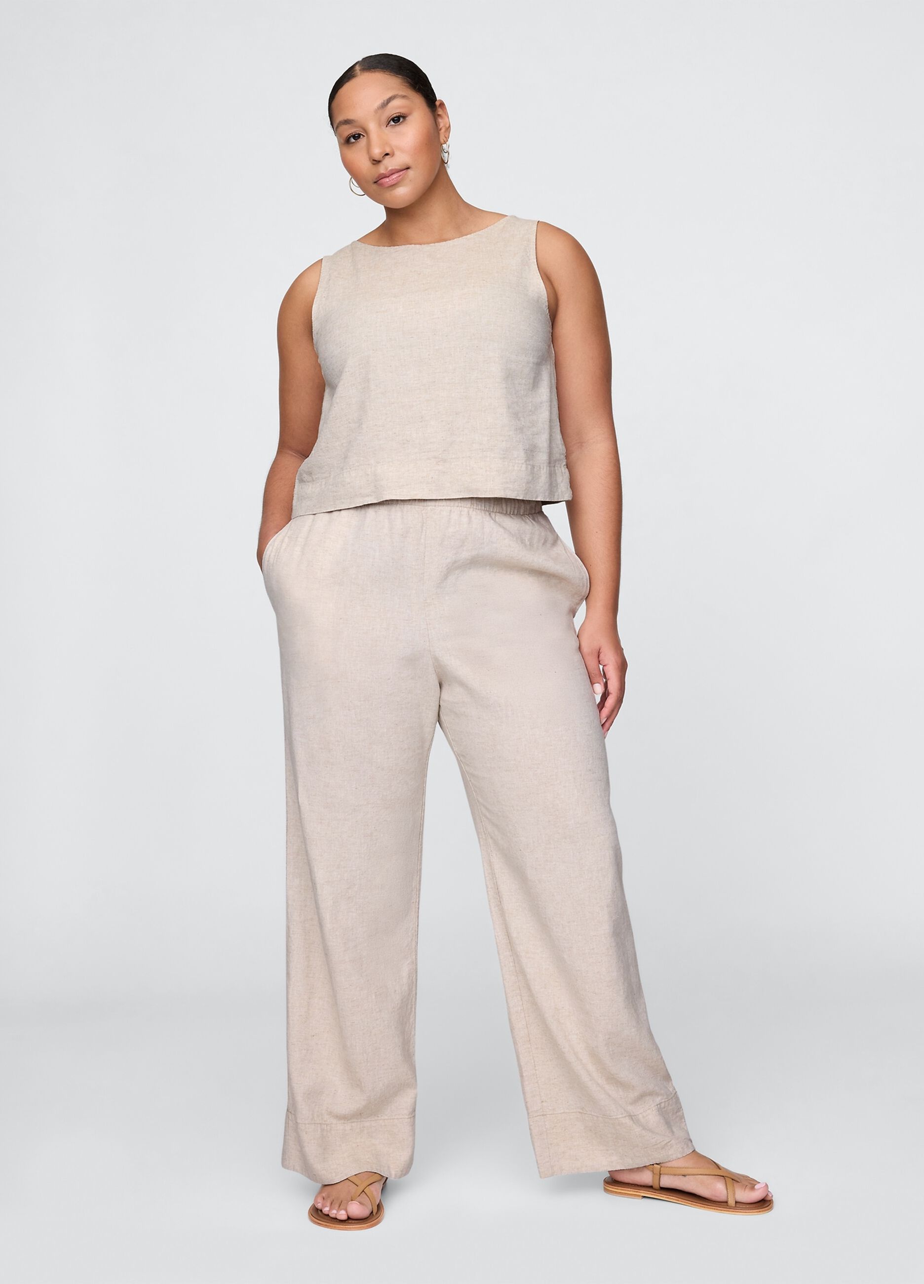 Beige wide-leg trousers in linen and viscose